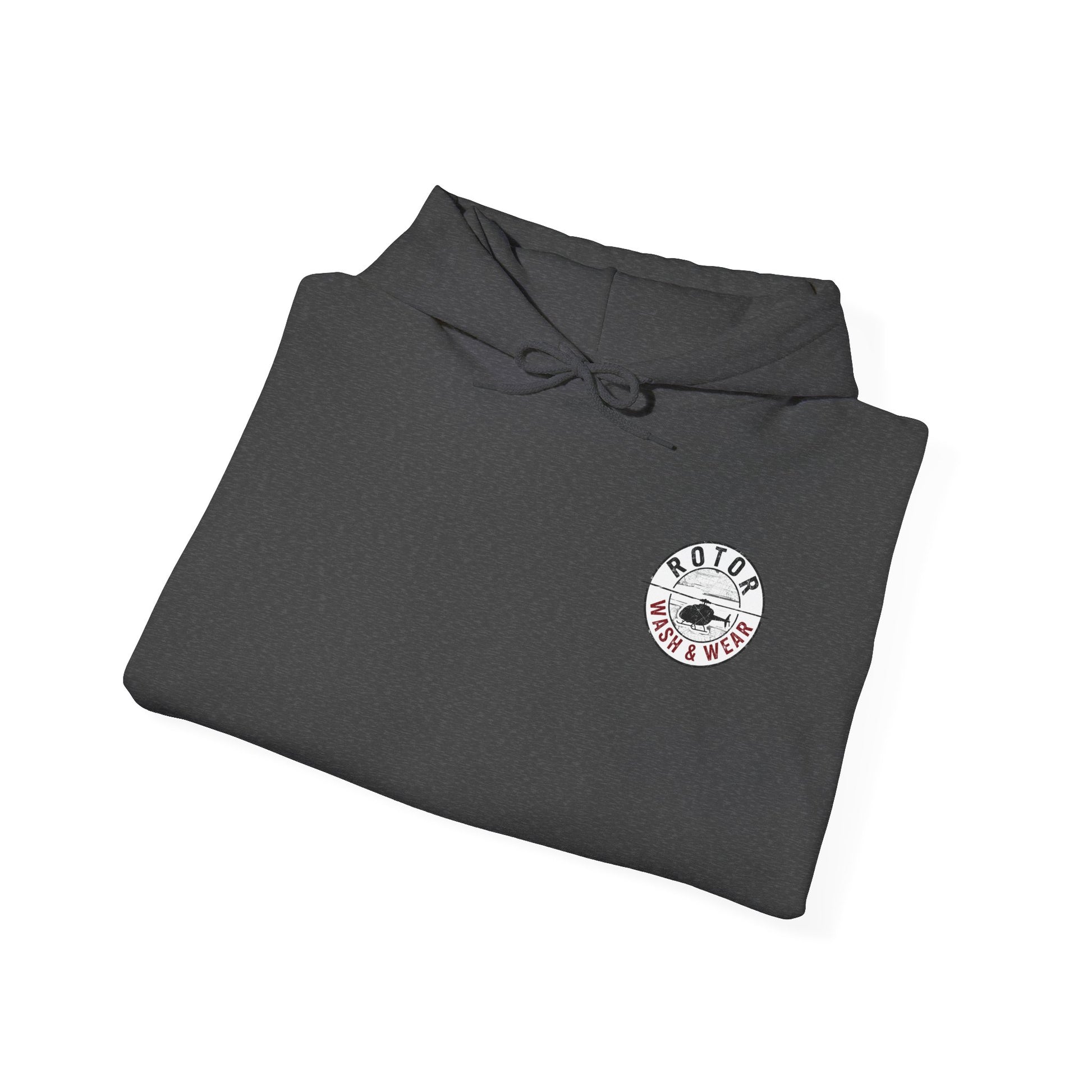 Folded dark gray hoodie with a Rotor Wash & Wear logo on a white background