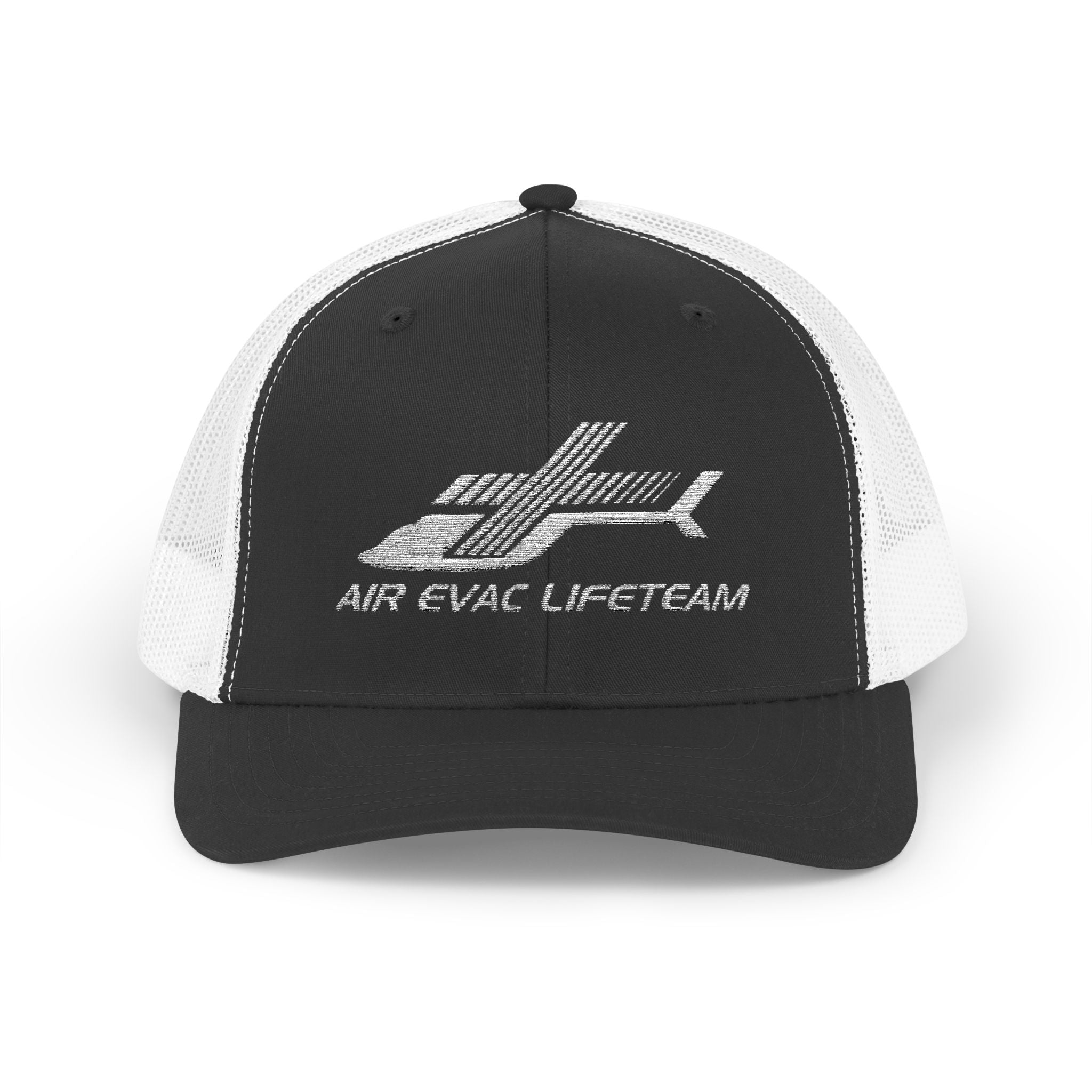 Dark gray and white trucker hat with 'Air Evac Lifeteam' embroidered logo on a white background