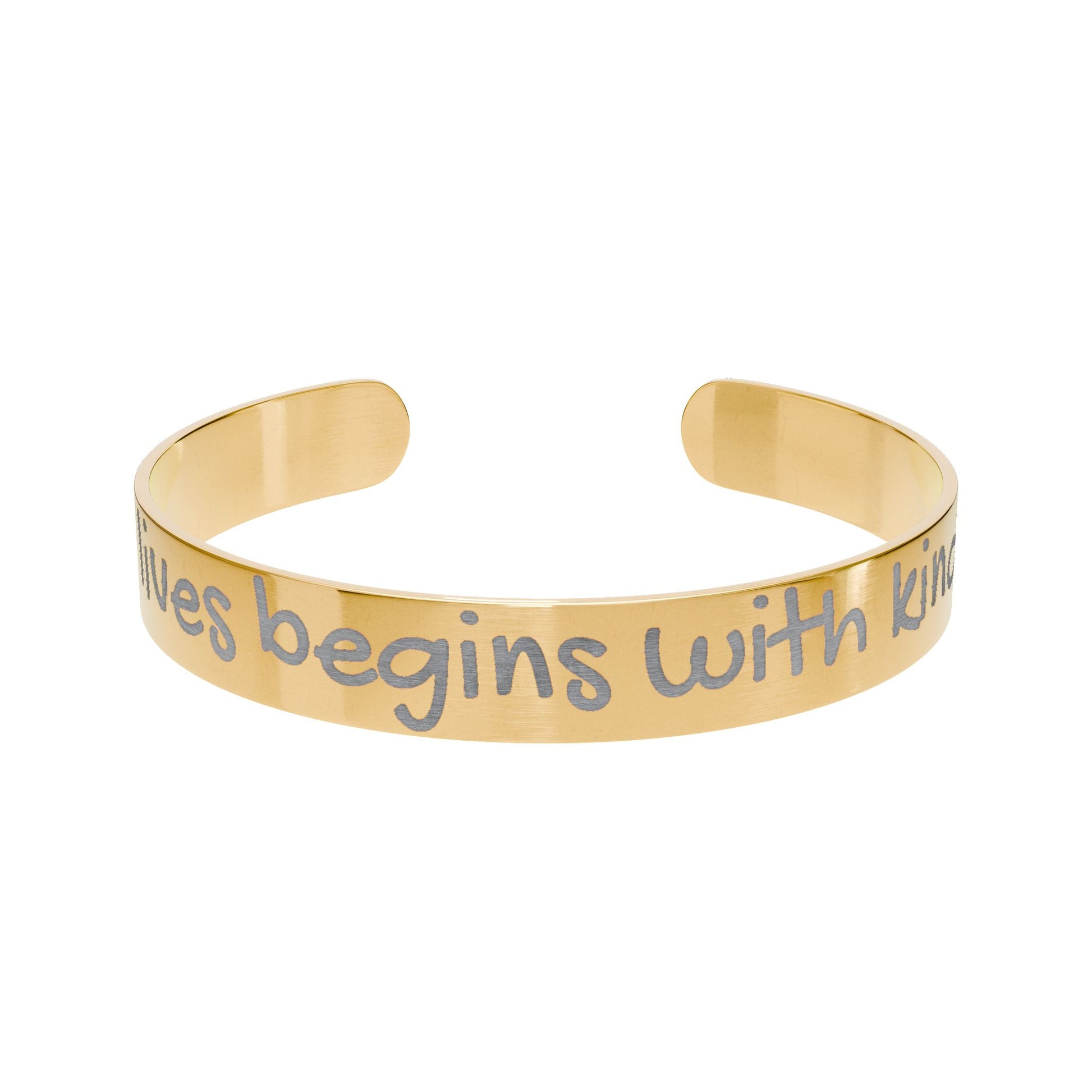 Gold bracelet with engraved text "saving lives begins with kindness" by Rotor Wash & Wear and EMS Avenger