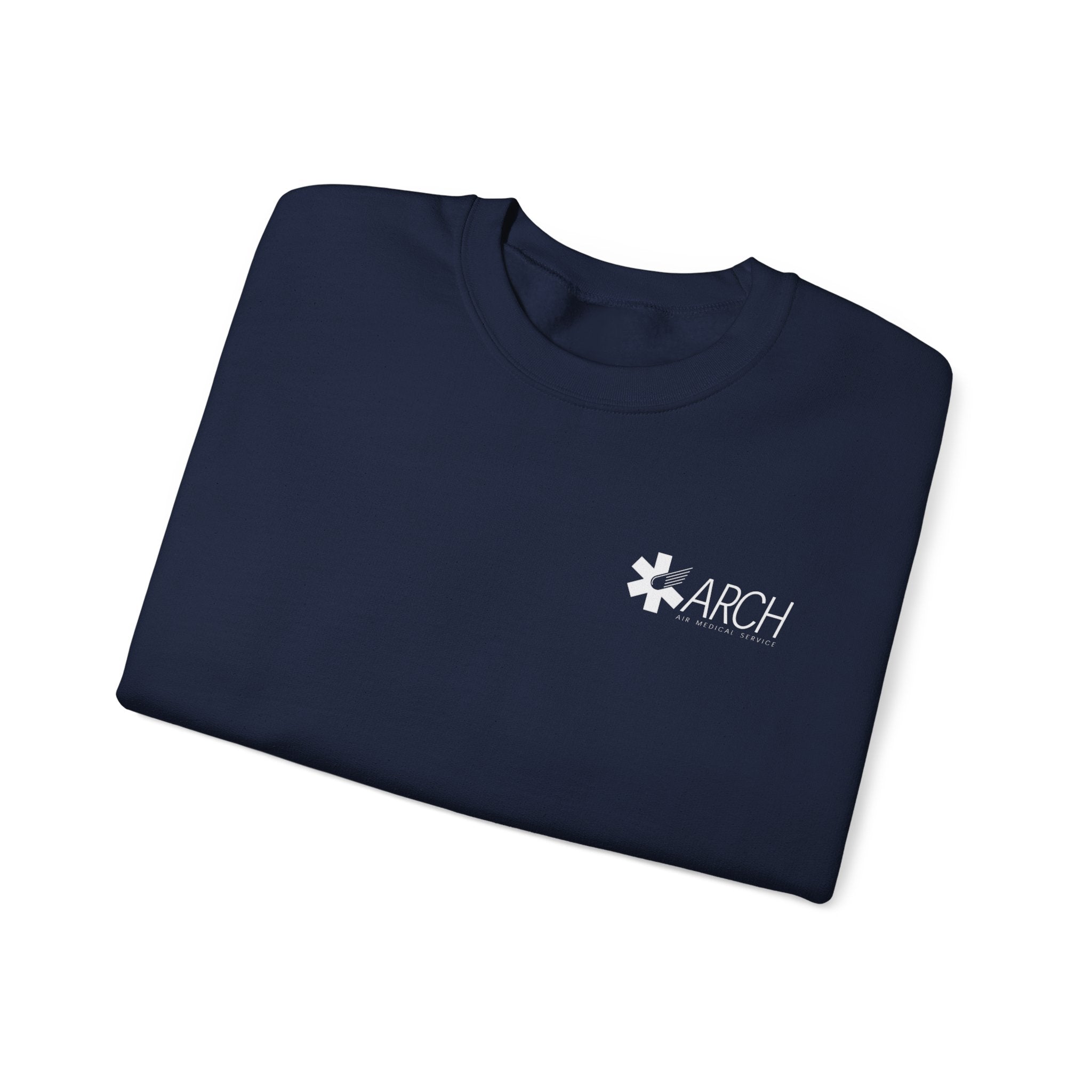 Folded navy blue crewneck sweatshirt with a small ARCH by Air Methods logo on the left chest by Rotor Wash & Wear