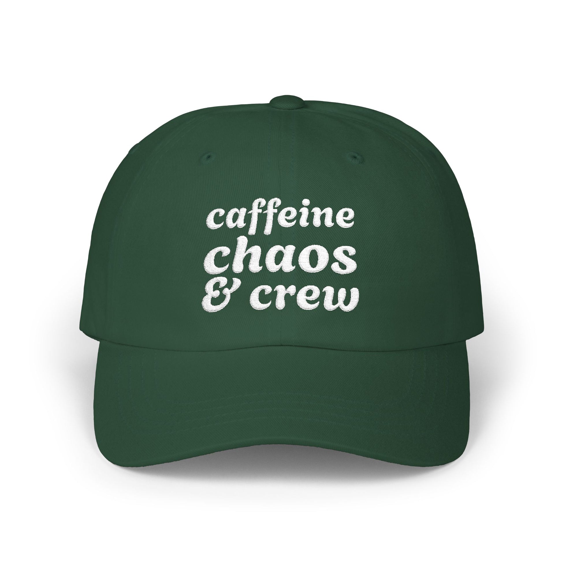 Green cap with 'cafeine chaos & crew' text on a white background