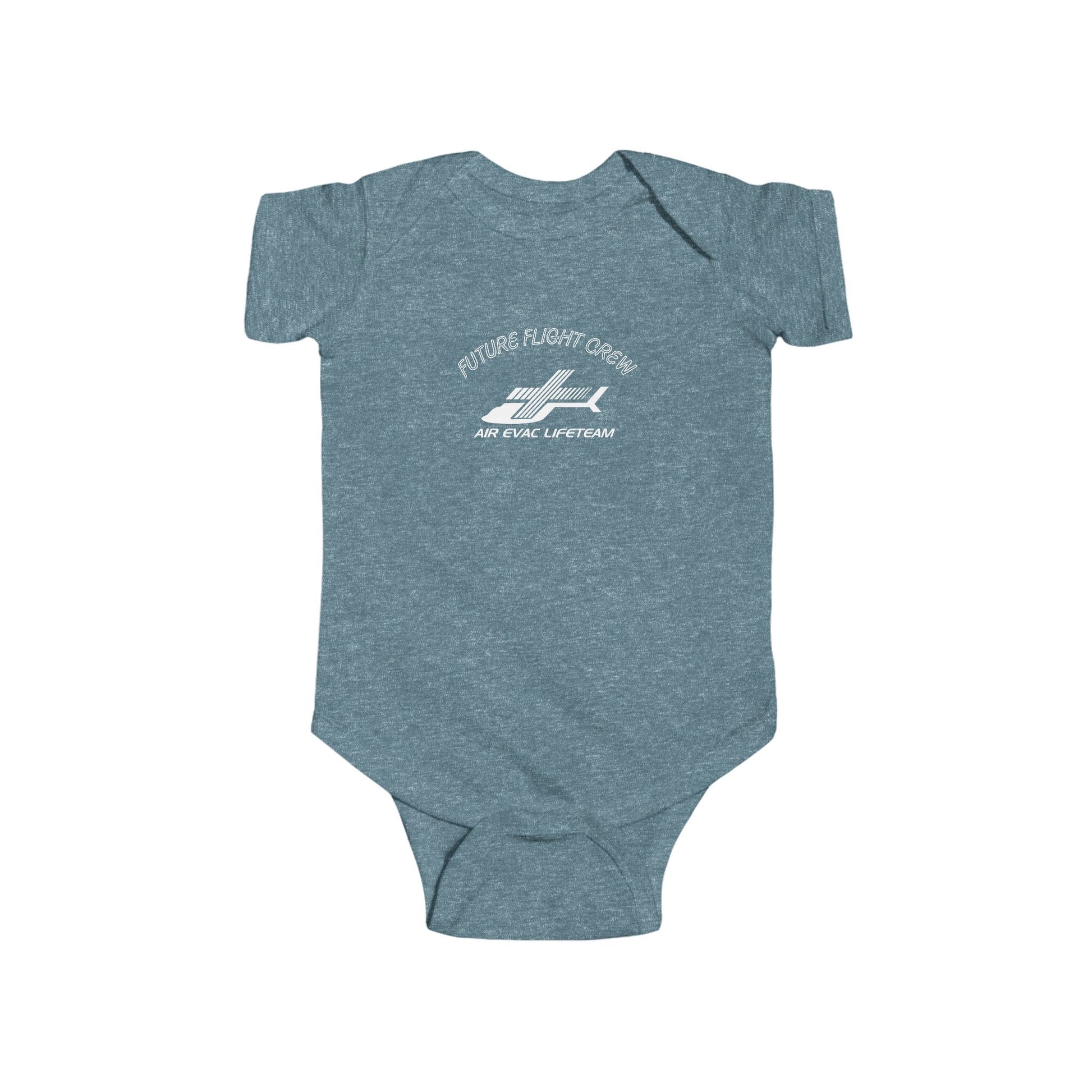 Heather green baby onesie with Air Evac Lifeteam logo and text "Future Flight Crew" by Rotor Wash & Wear