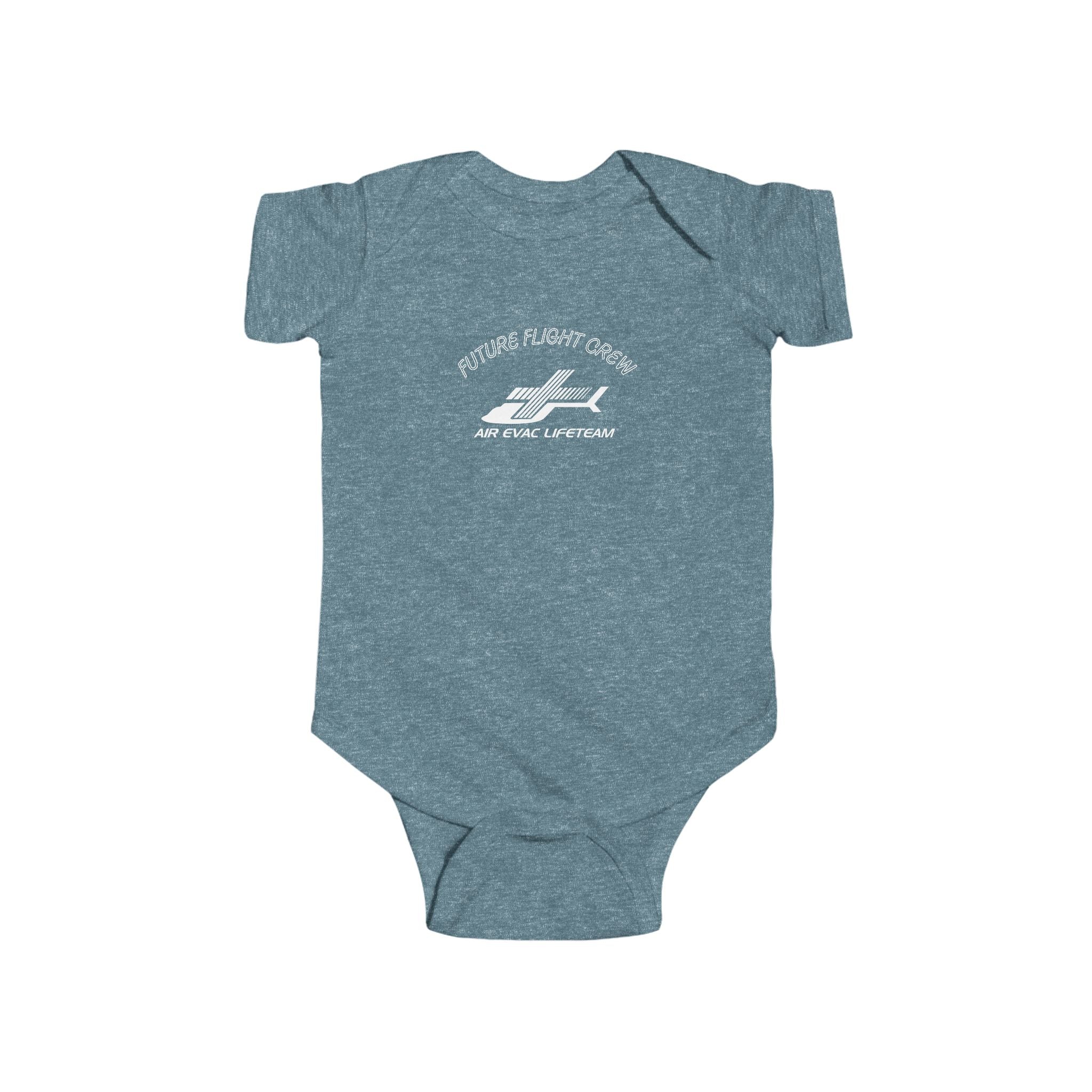 Heather green baby onesie with Air Evac Lifeteam logo and text "Future Flight Crew" by Rotor Wash & Wear