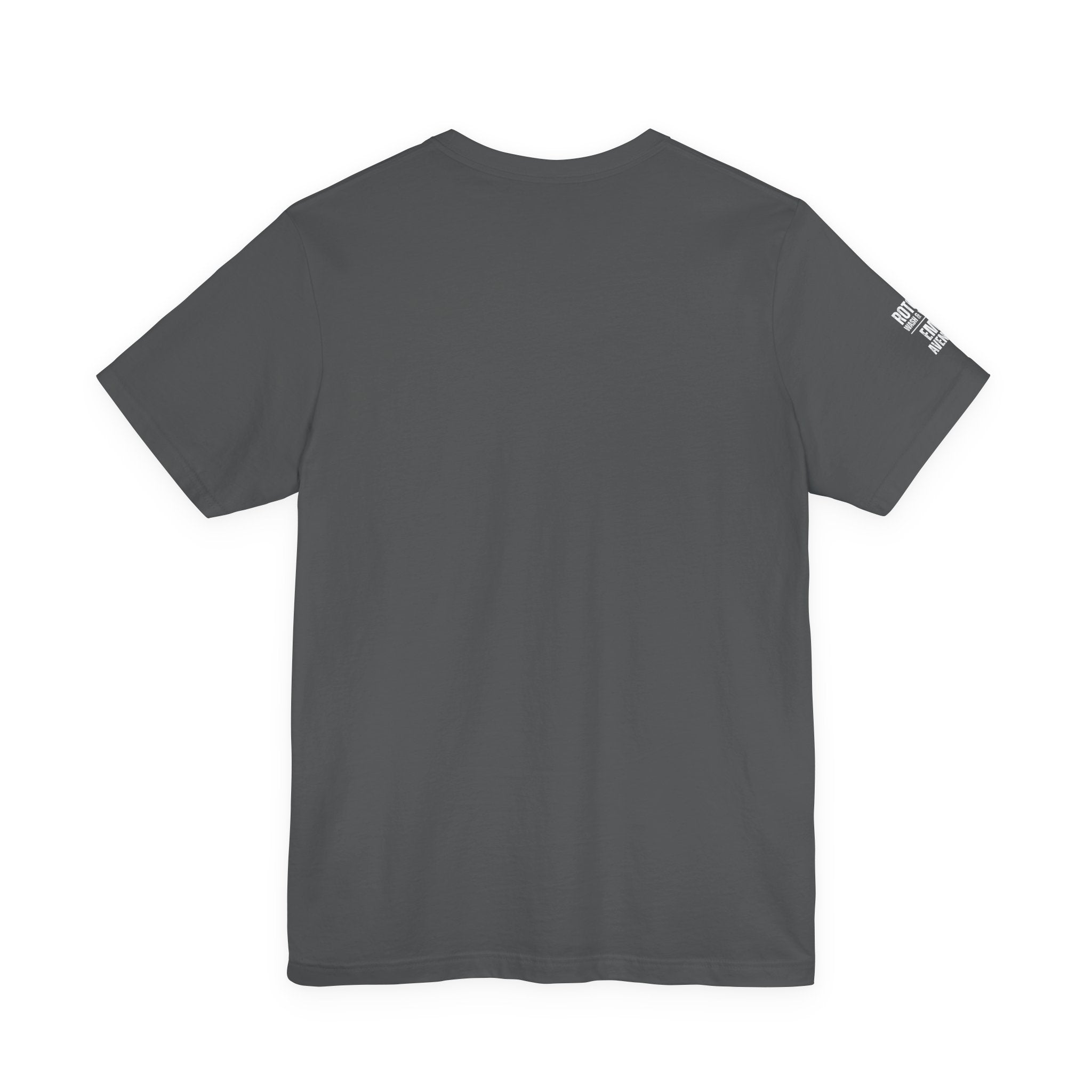 Gray t-shirt with a small logo on the sleeve against a white background