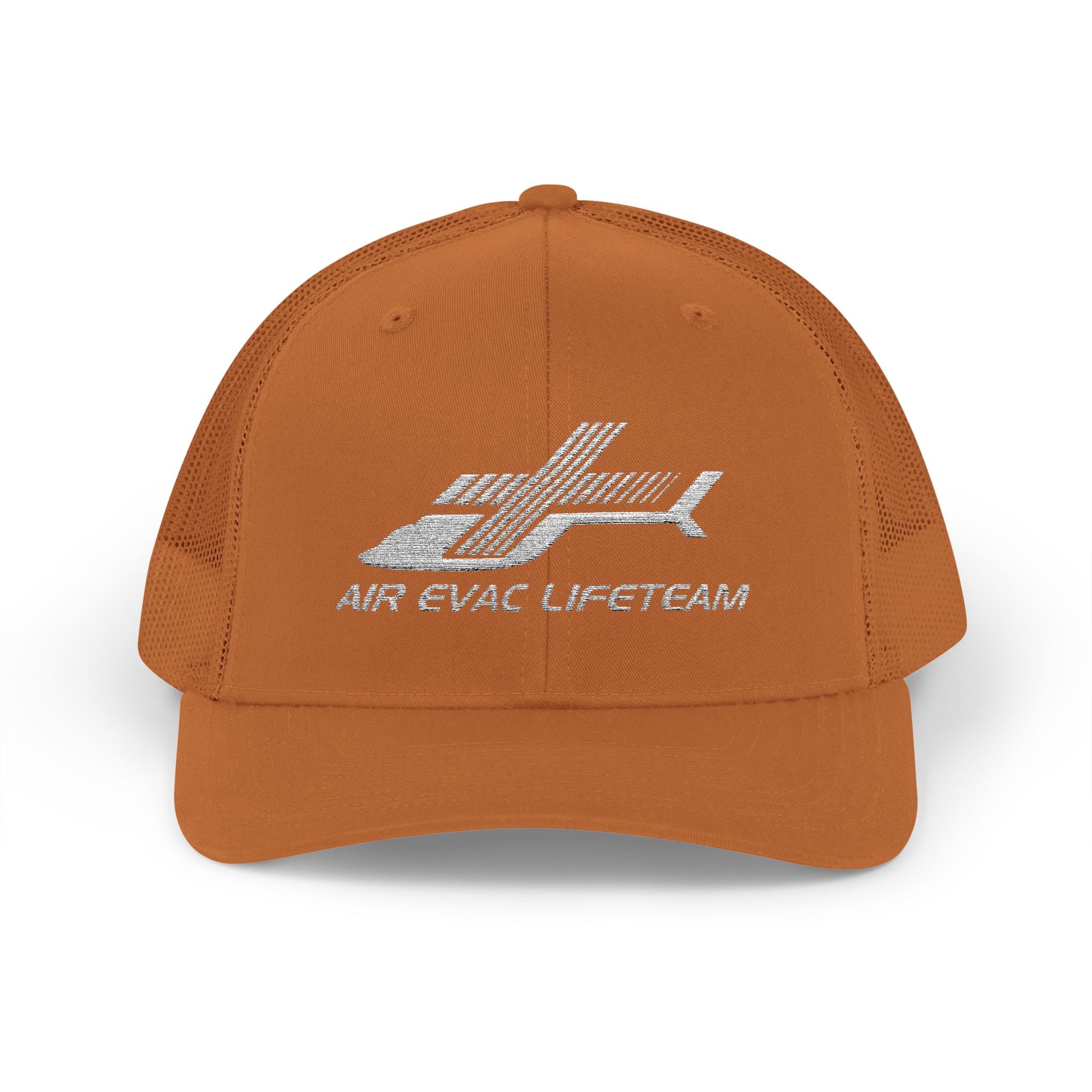 Orange trucker hat with 'Air Evac Lifeteam' logo on a white background