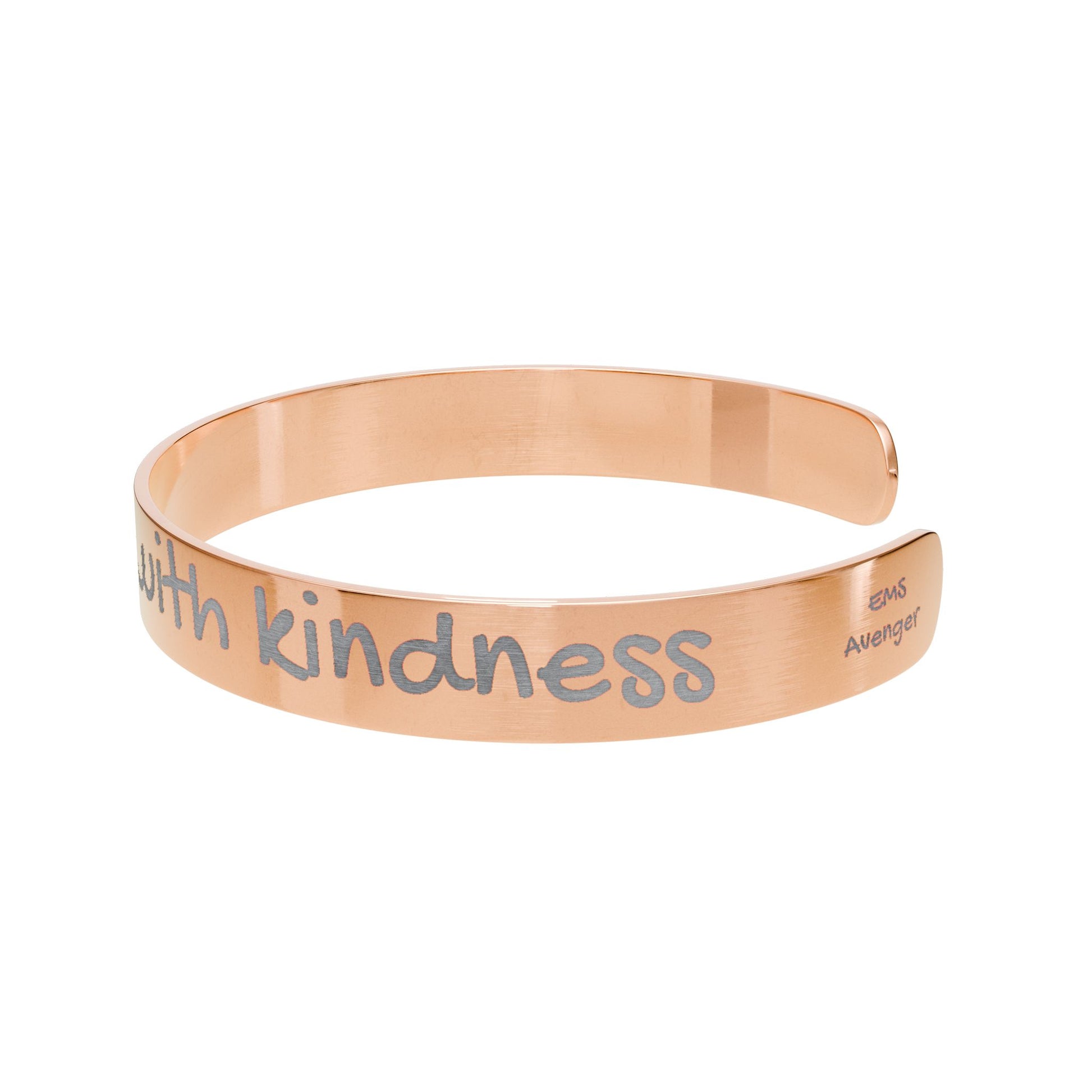 Rose gold bracelet with engraved text "saving lives begins with kindness" by Rotor Wash & Wear and EMS Avenger