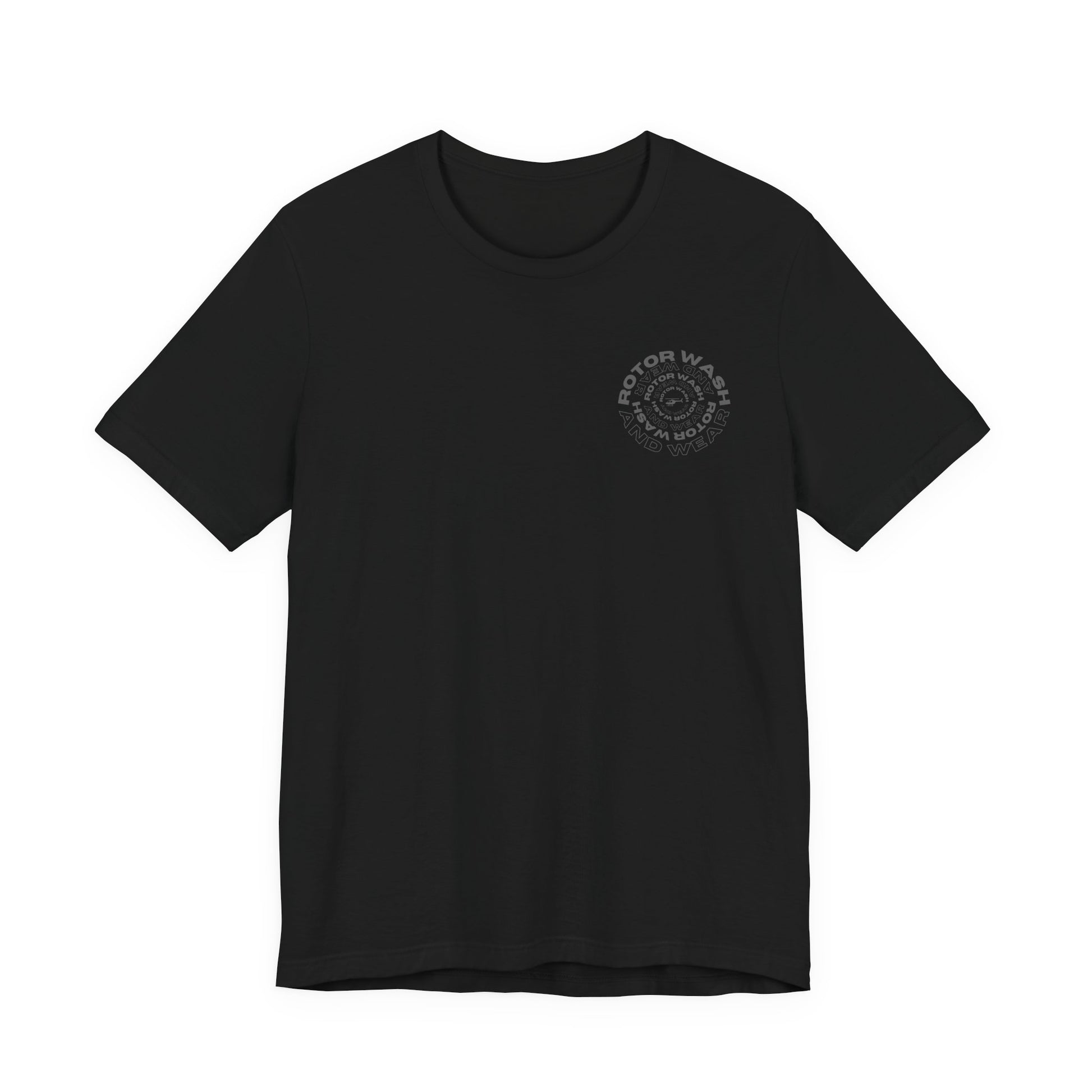 Black t-shirt with 'Rotor Wash and Wear' circular design text design on the left chest on a white background