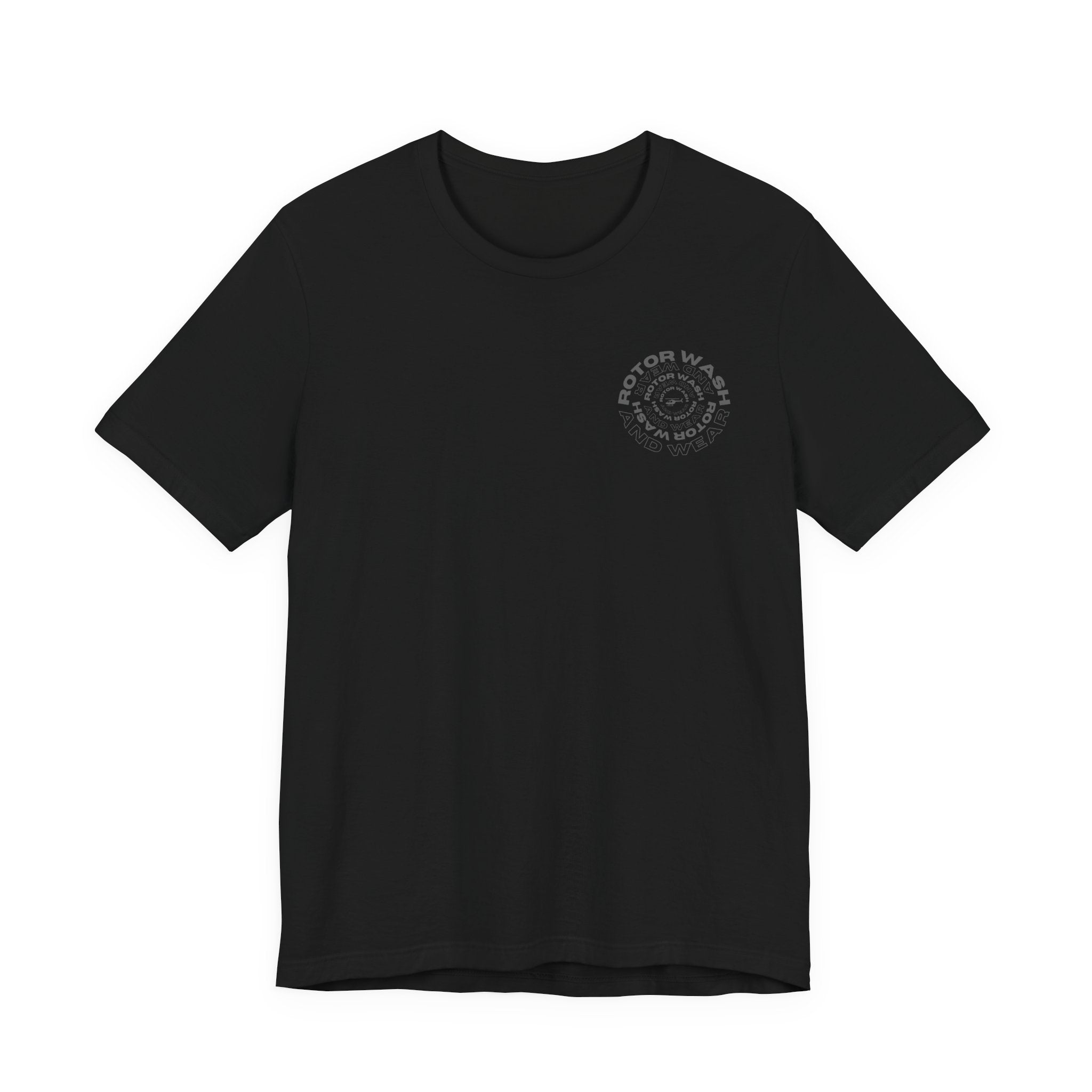 Black t-shirt with 'Rotor Wash and Wear' circular design text design on the left chest on a white background