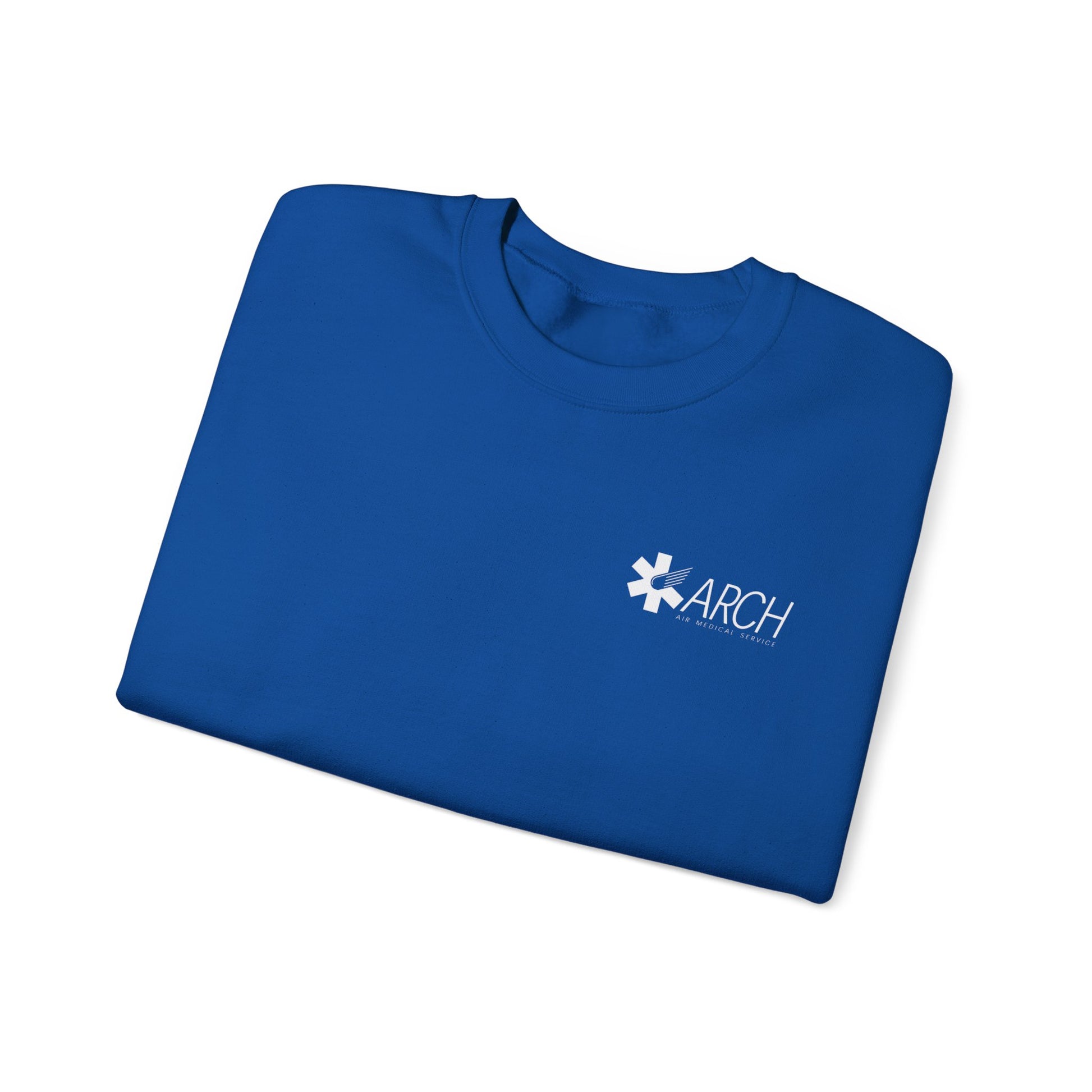 Folded blue crewneck sweatshirt with a small ARCH by Air Methods logo on the left chest by Rotor Wash & Wear