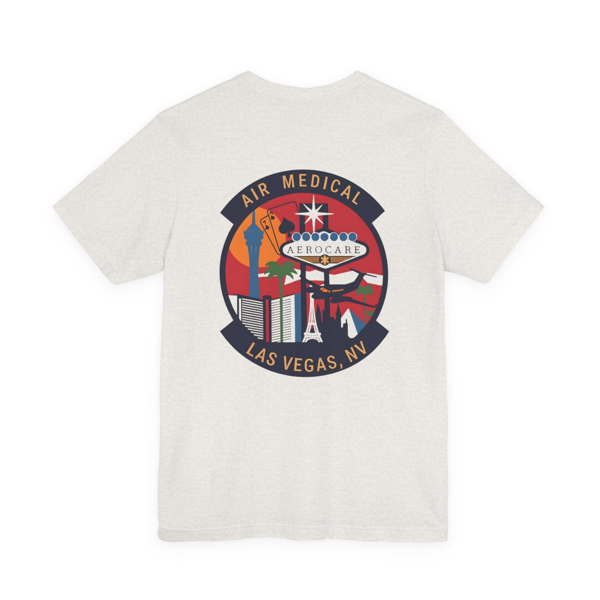 White t-shirt with Air Medical Aerocare logo on a white background