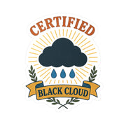 Sticker with a black cloud, raindrops, and 'Certified Black Cloud' text on a white background