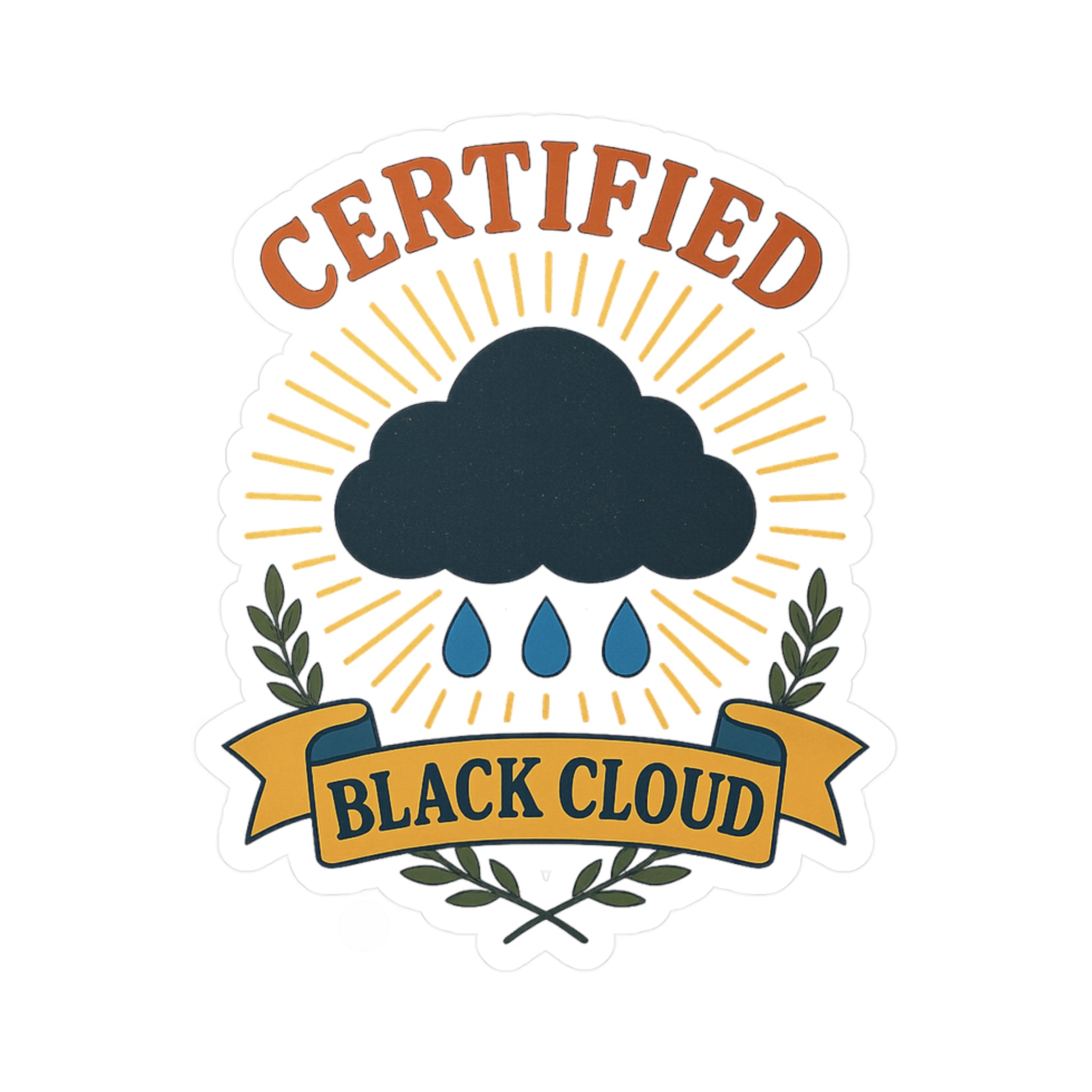 Sticker with a black cloud, raindrops, and 'Certified Black Cloud' text on a white background