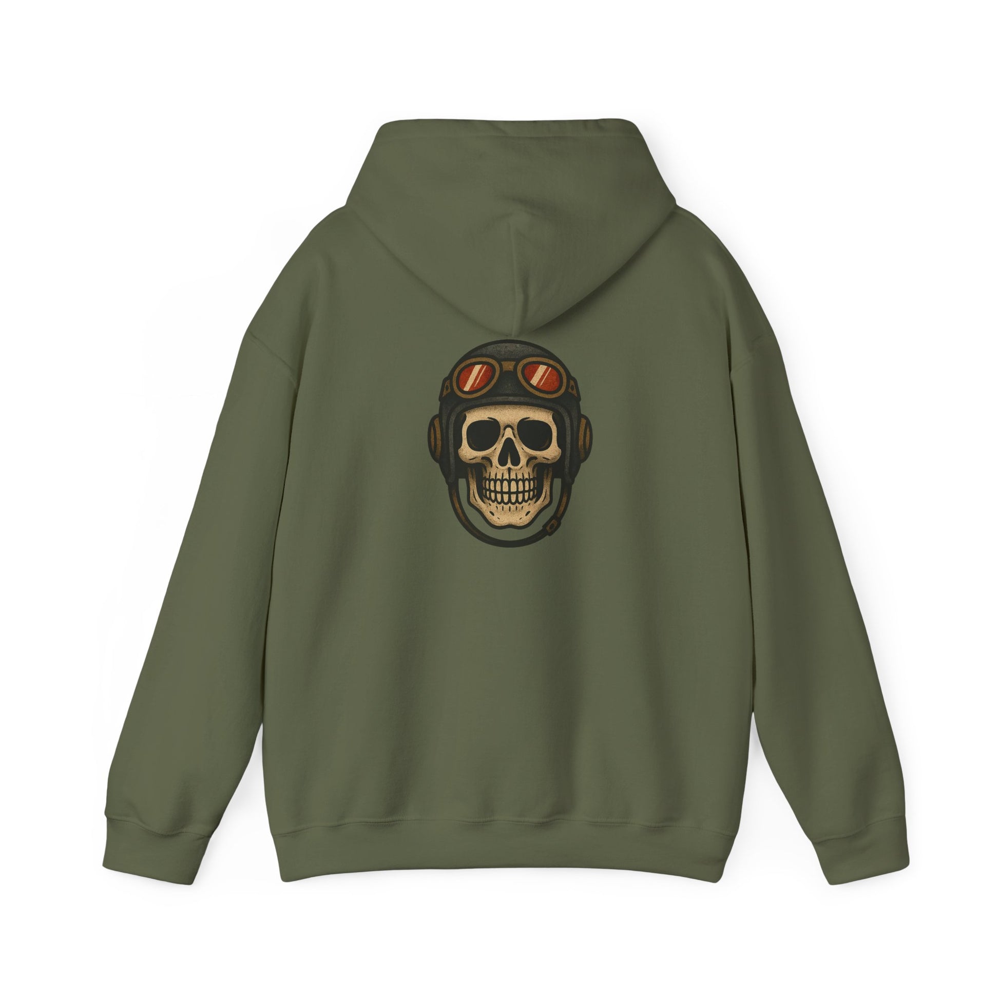 Green hoodie with an american traditional style skull wearing a flight helmet on a white background
