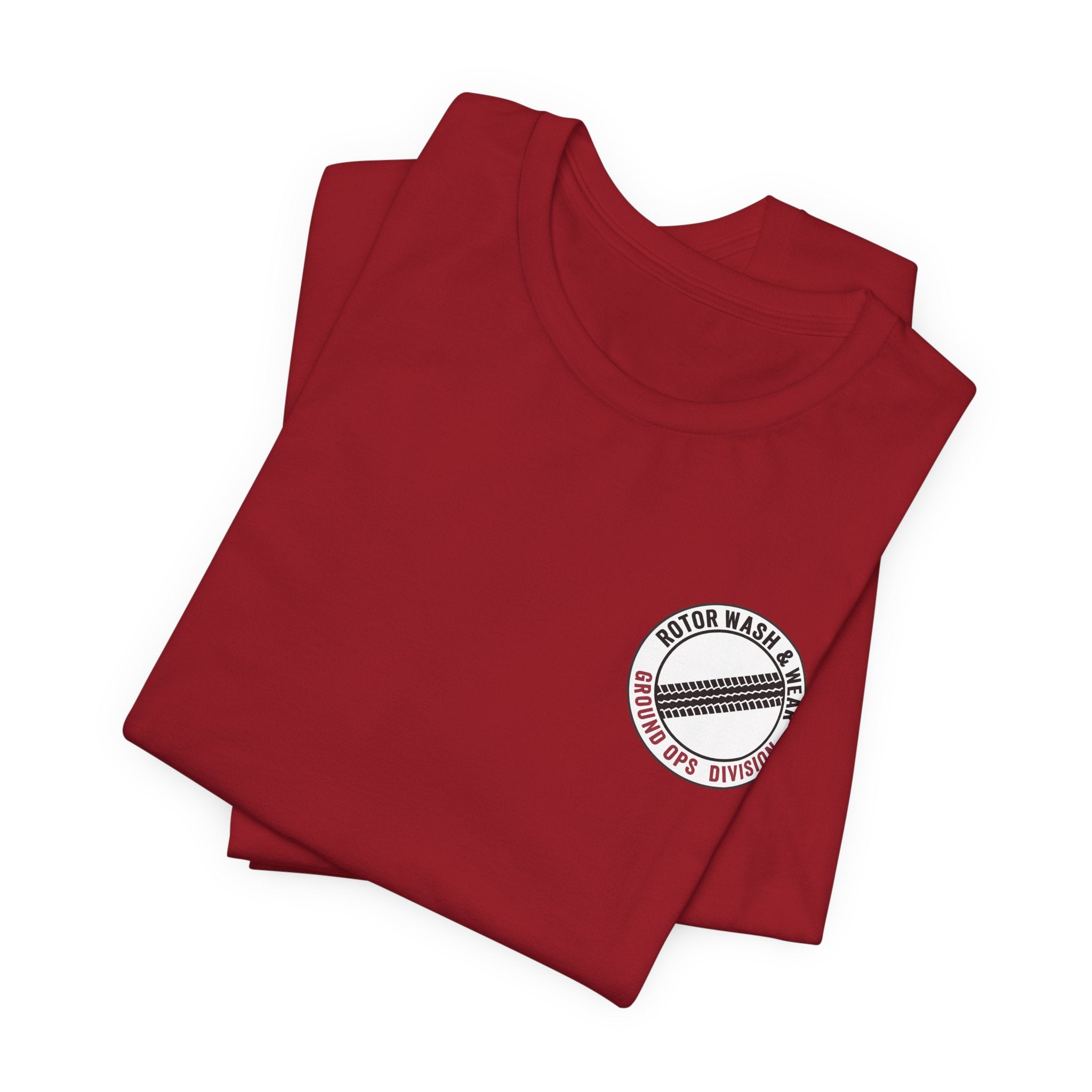 Red t-shirt with a "Rotor Wash & Wear - Ground Ops Division" logo on the left chest on a white background