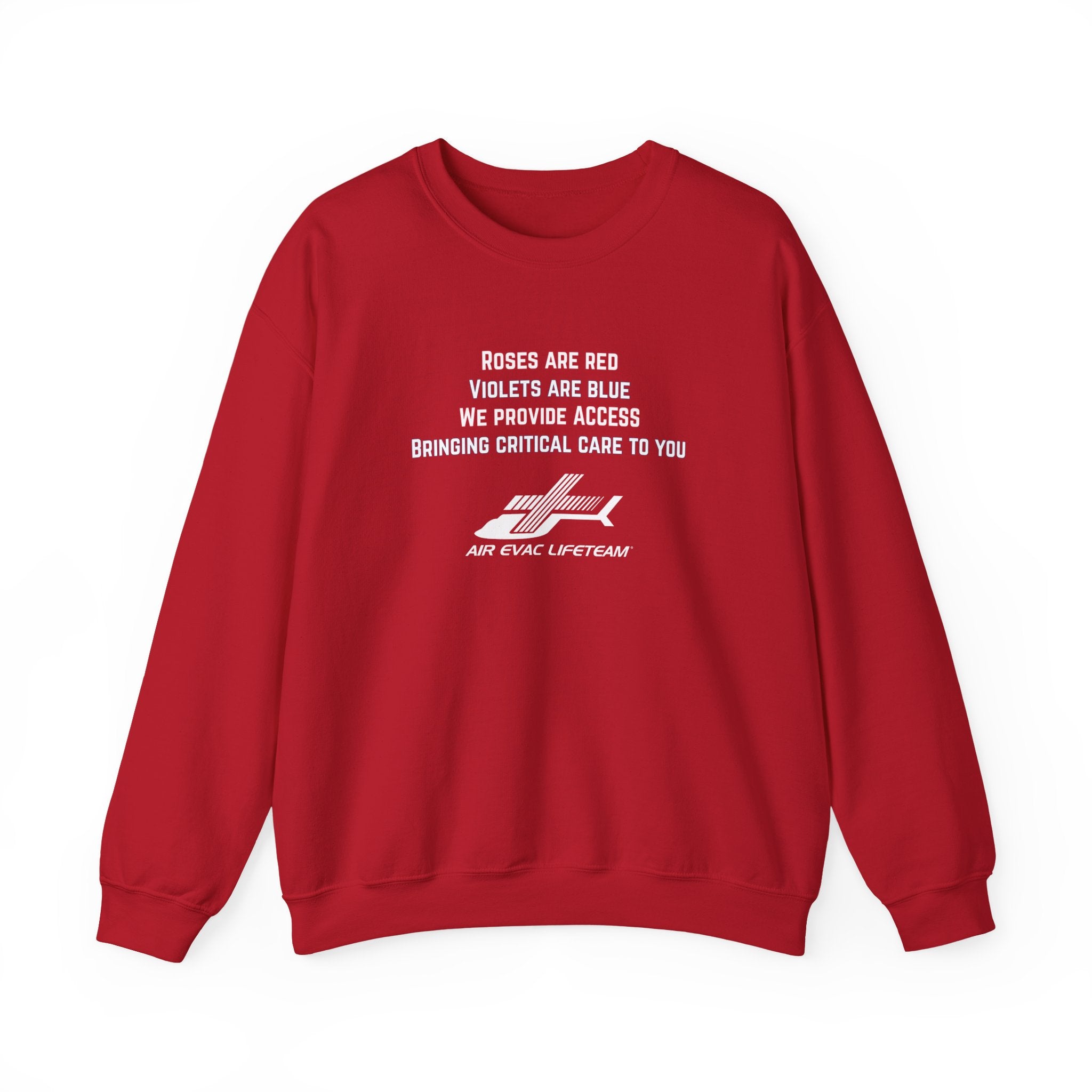 Red crewneck sweatshirt with Valentine's day poem and Air Evac Lifeteam logo on a white background