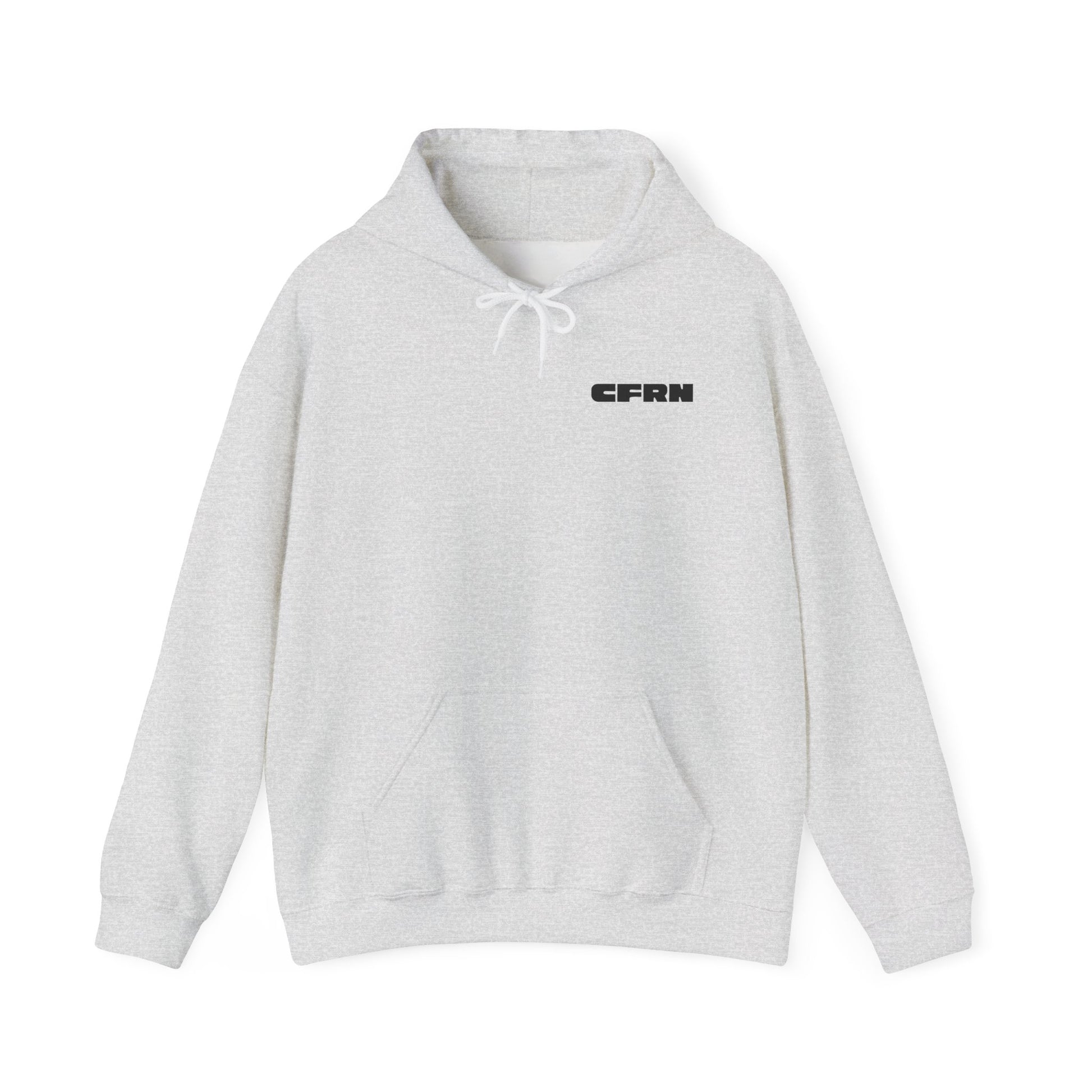 Gray hoodie with 'CFRN' logo on a white background