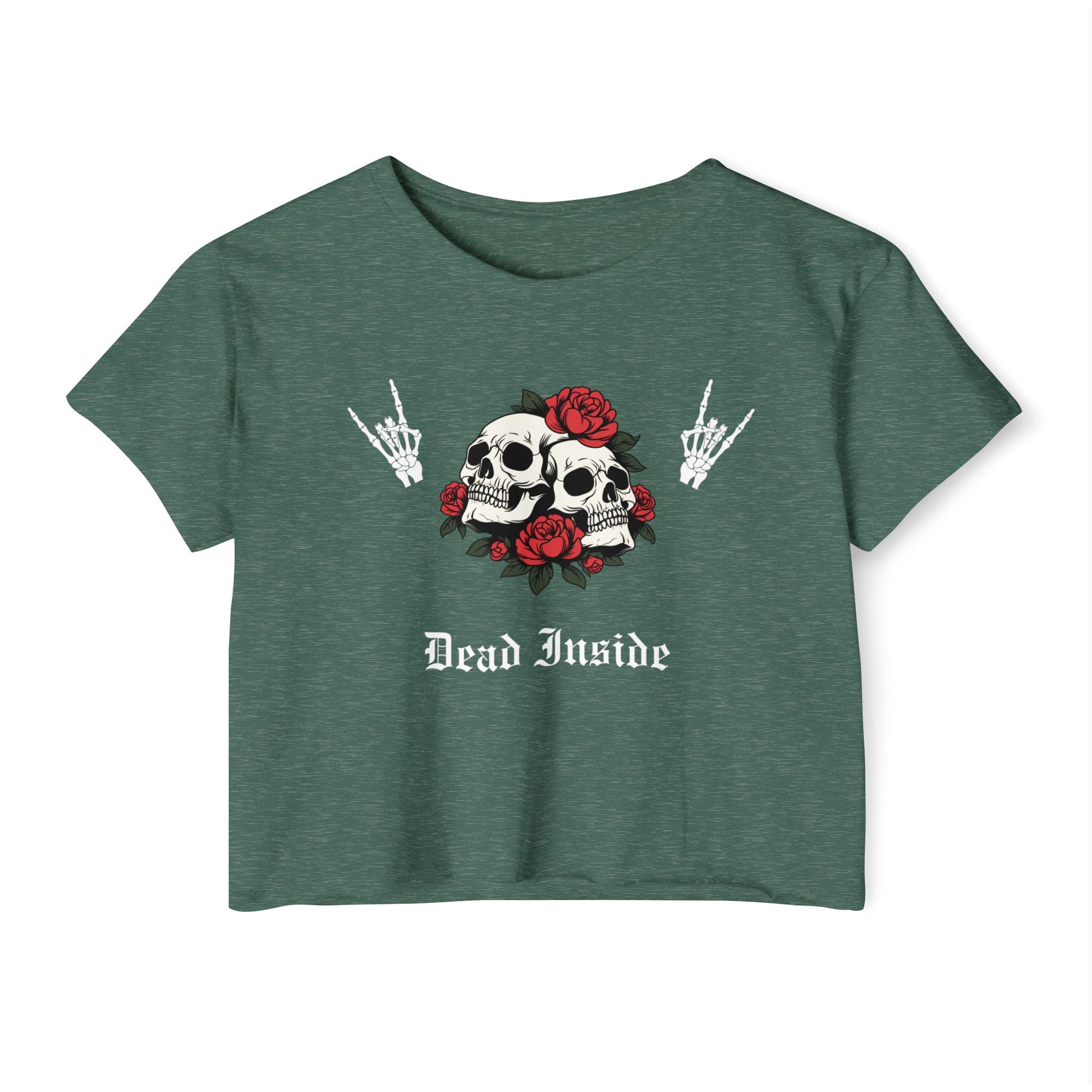 Green t-shirt with skull and roses design and 'Dead Inside' text by Rotor Wash & Wear