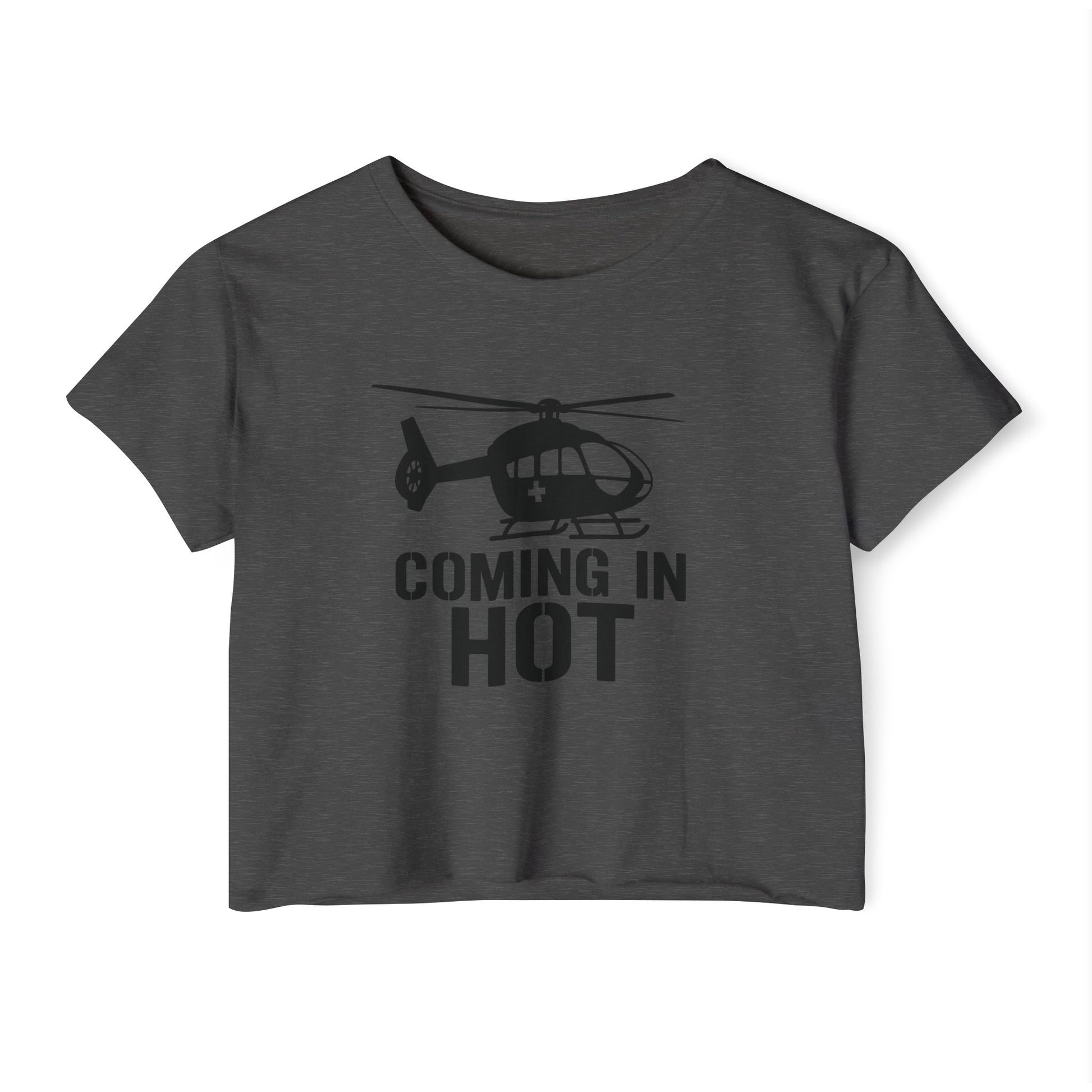 Dark gray crop top with helicopter graphic and text 'COMING IN HOT' on a white background