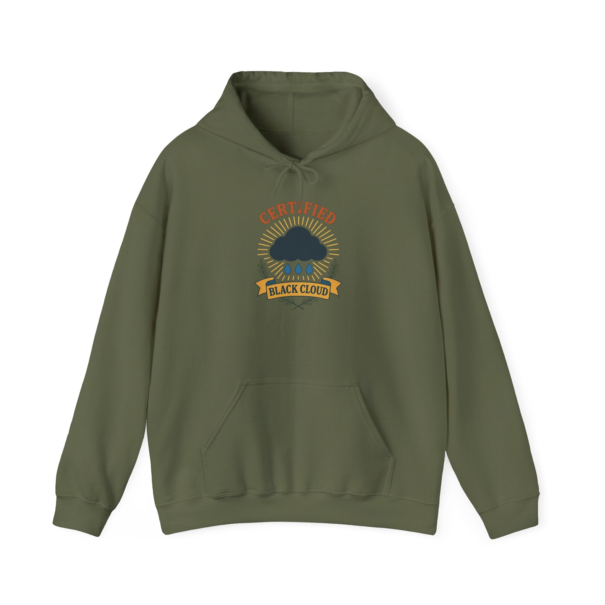 Green hoodie with a "Certified Black Cloud" graphic design on a white background