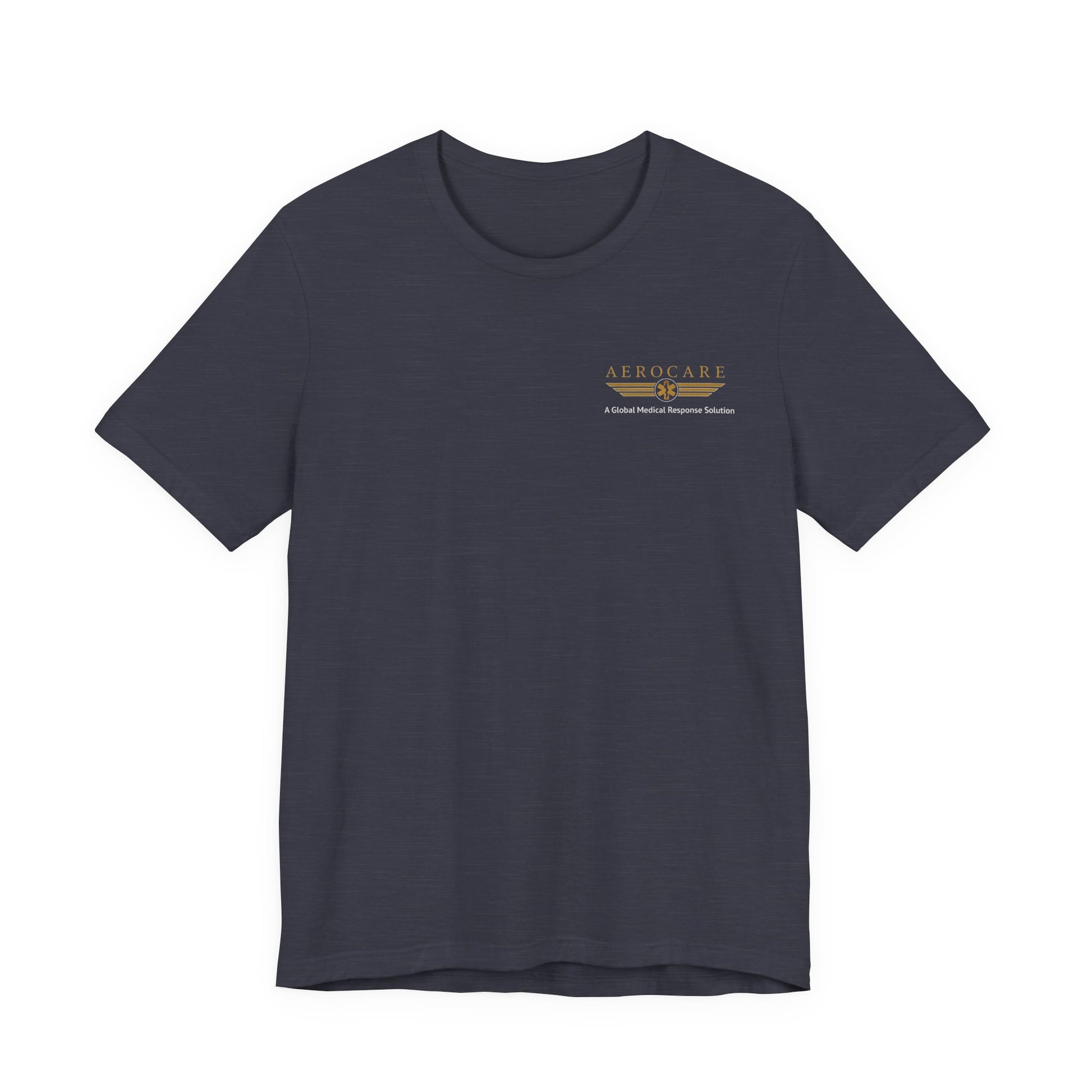Navy t-shirt with Aerocare logo on the chest against a white background