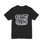 Black t-shirt with graffiti style 'FLIGHT CREW' text on a white background
