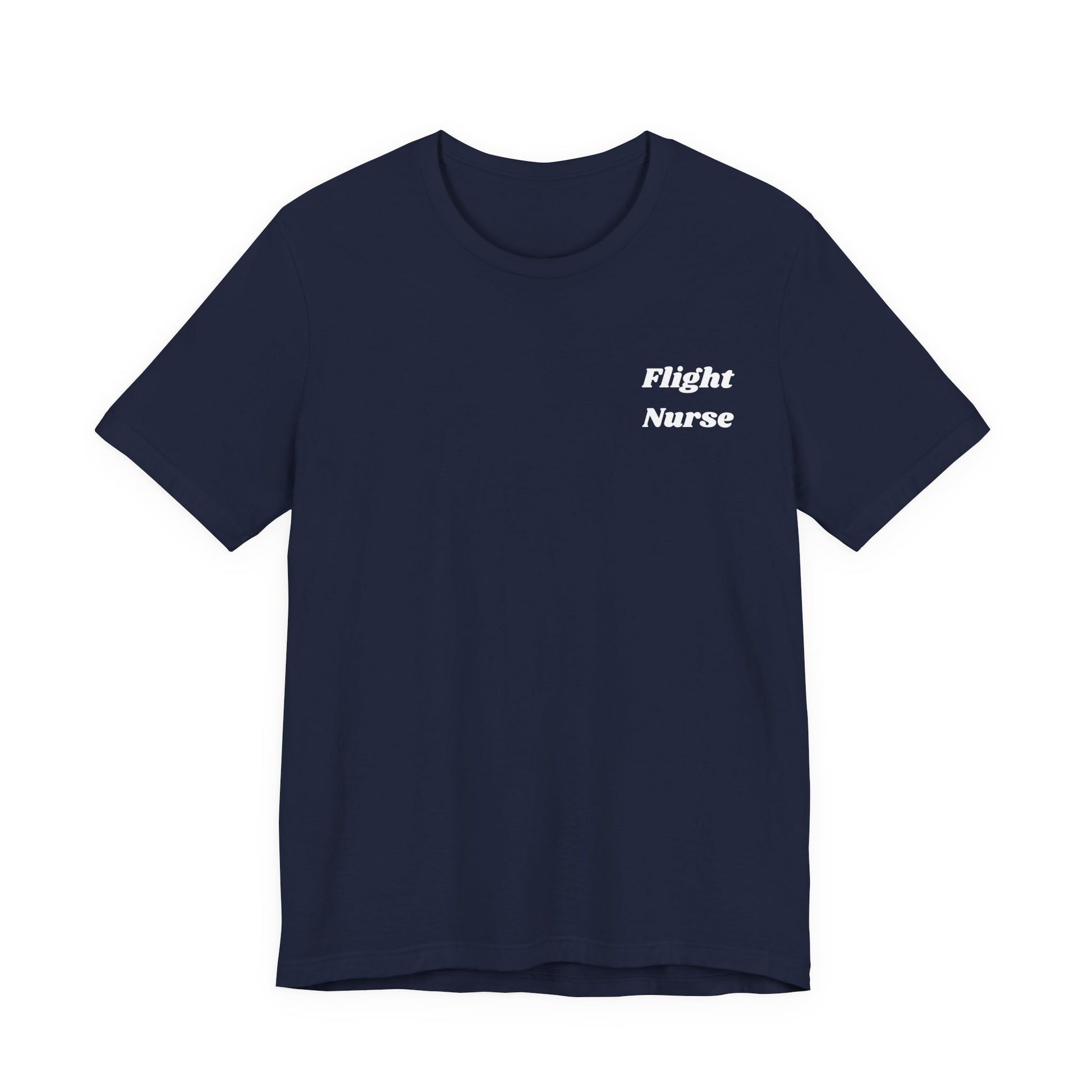 Navy blue t-shirt with 'Flight Nurse' text on a white background