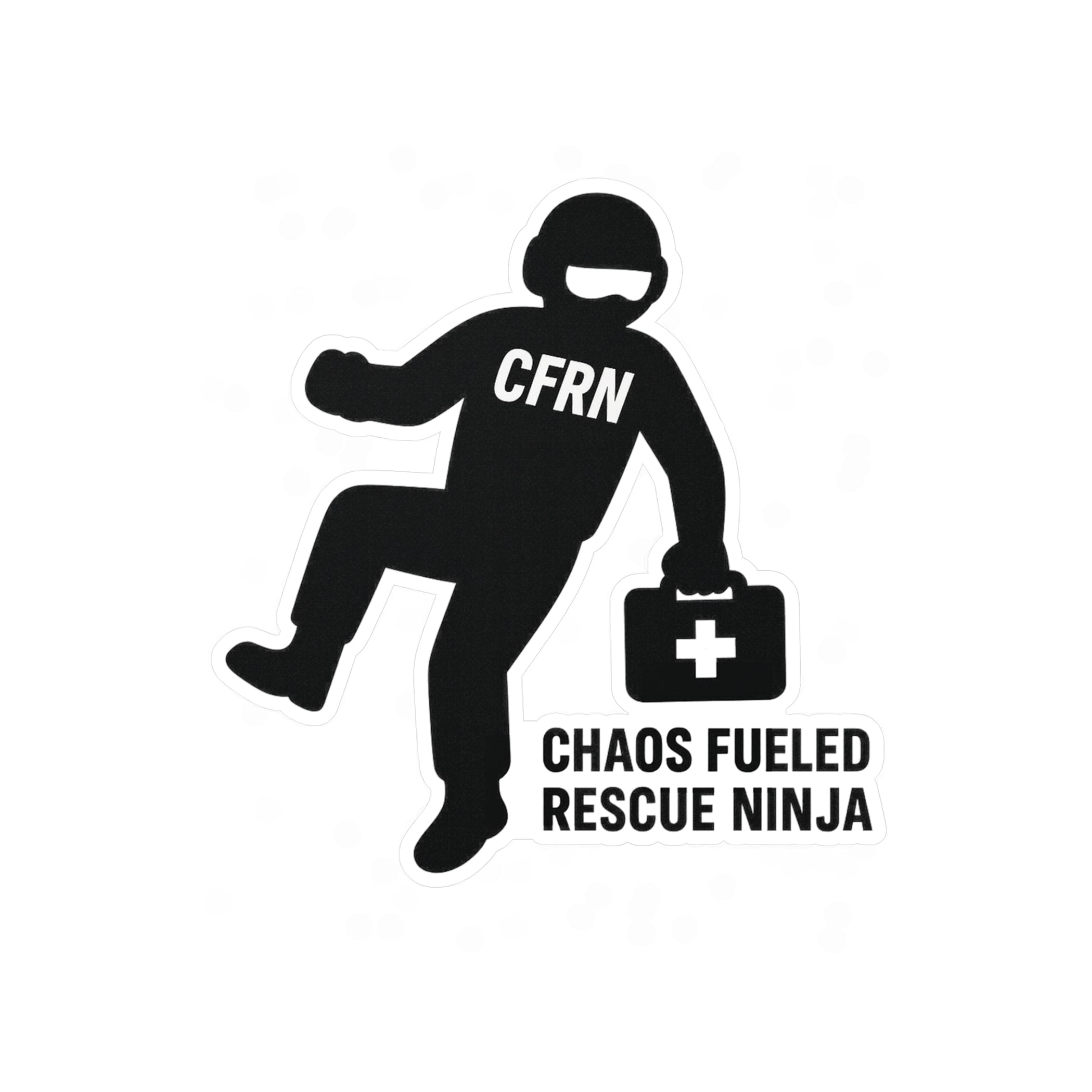 Black silhouette of a flight nurse labeled 'CFRN' with a first aid kit, text 'Chaos Fueled Rescue Ninja' on a white background.
