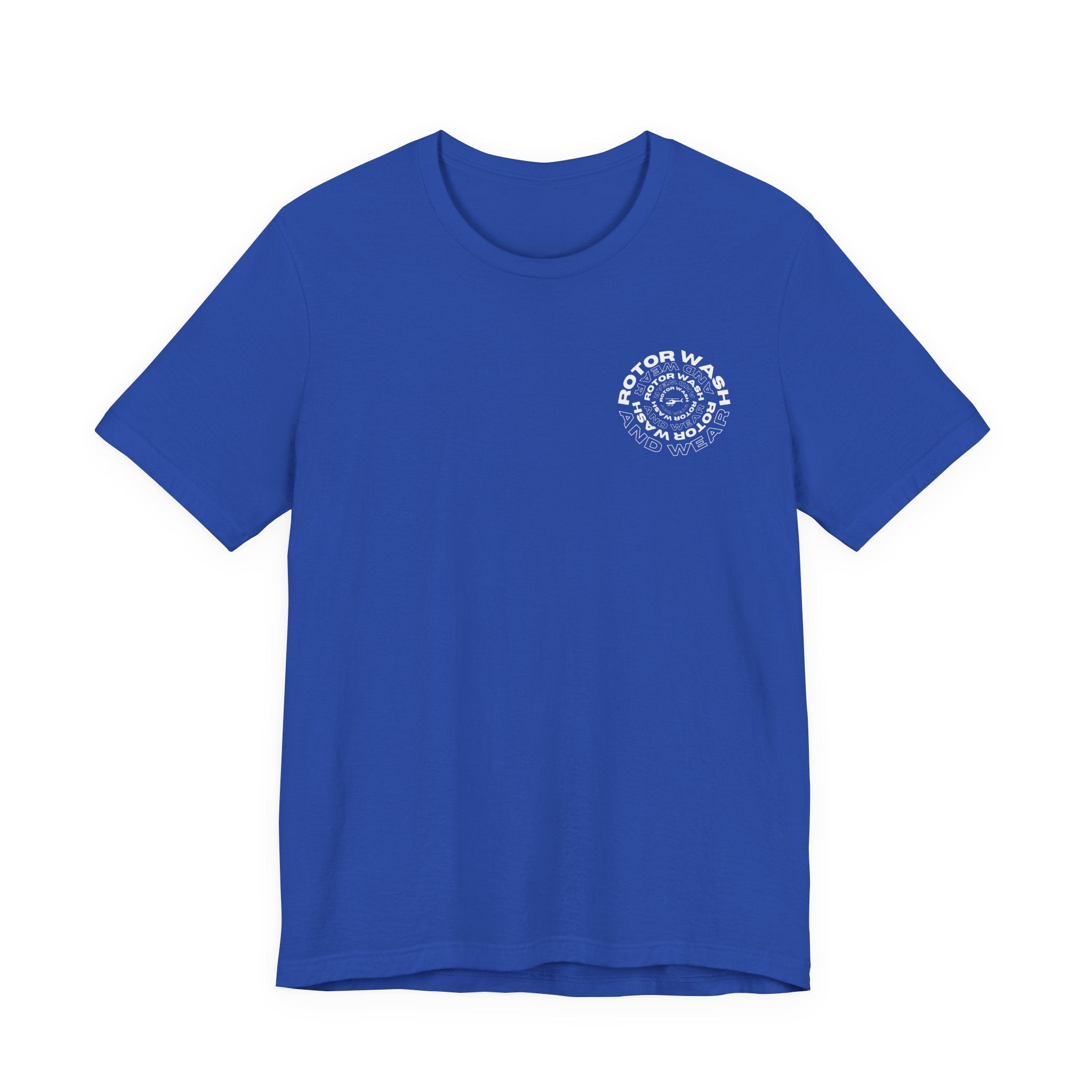 Blue t-shirt with 'Rotor Wash and Wear' circular design text design on the left chest on a white background