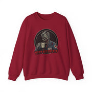 A red crewneck sweatshirt featuring a graphic print of a zombie in a medical uniform holding a coffee mug, with the text 'MUST GET COFFEE' below it by Rotor Wash & Wear