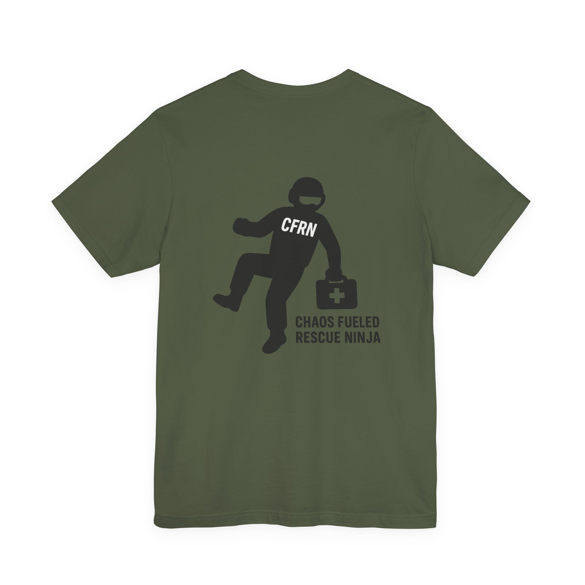 Military green t-shirt with a graphic design of a flight nurse/ninja with "CFRN" on their chest and the text "chaos fueled rescue ninja" on a white background