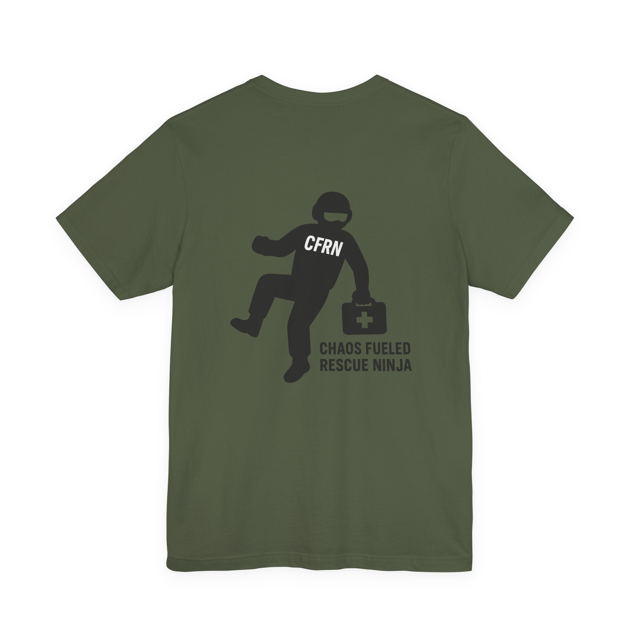 Military green t-shirt with a graphic design of a flight nurse/ninja with "CFRN" on their chest and the text "chaos fueled rescue ninja" on a white background