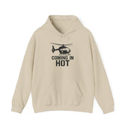 Beige hoodie with helicopter graphic and text 'COMING IN HOT' on a white background