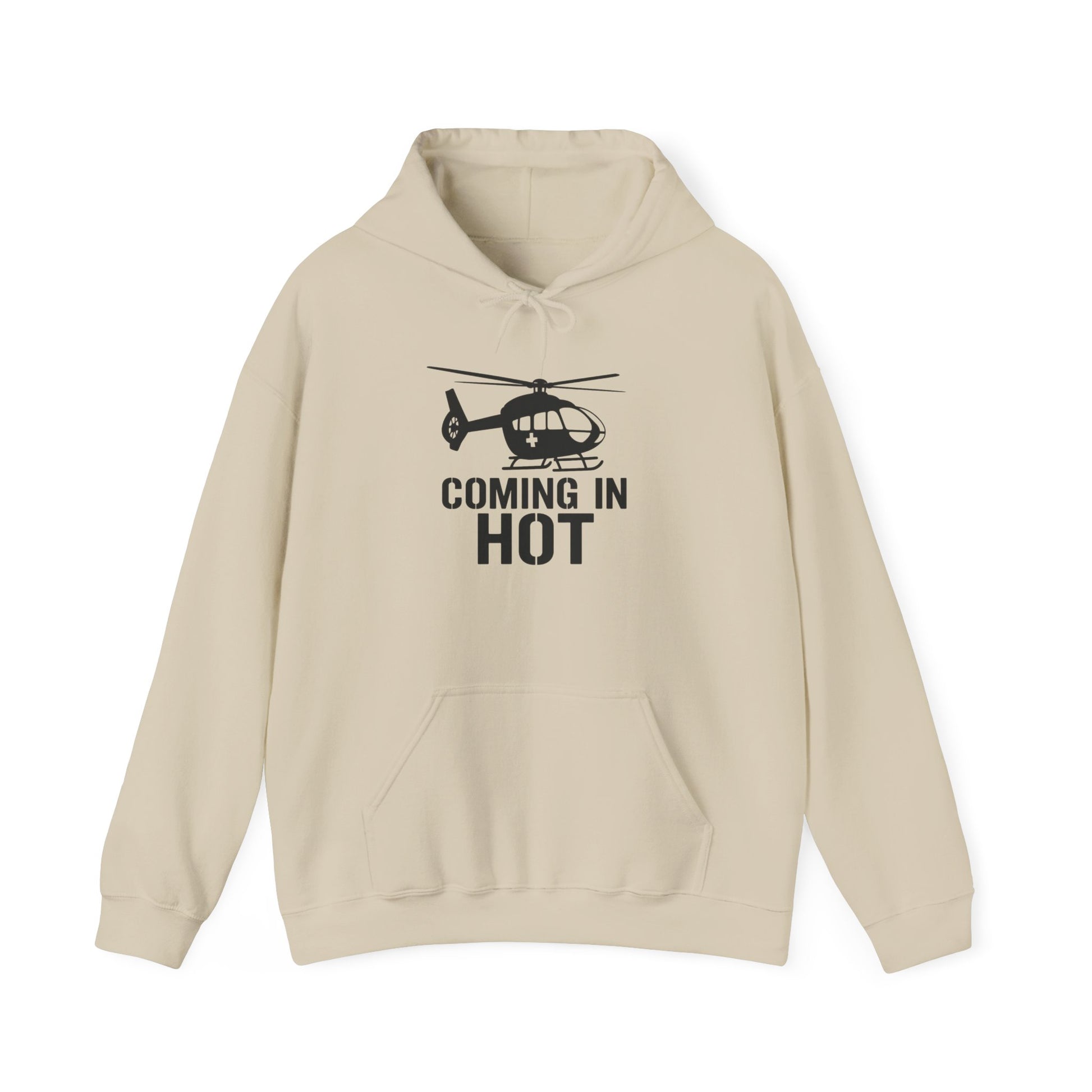 Beige hoodie with helicopter graphic and text 'COMING IN HOT' on a white background