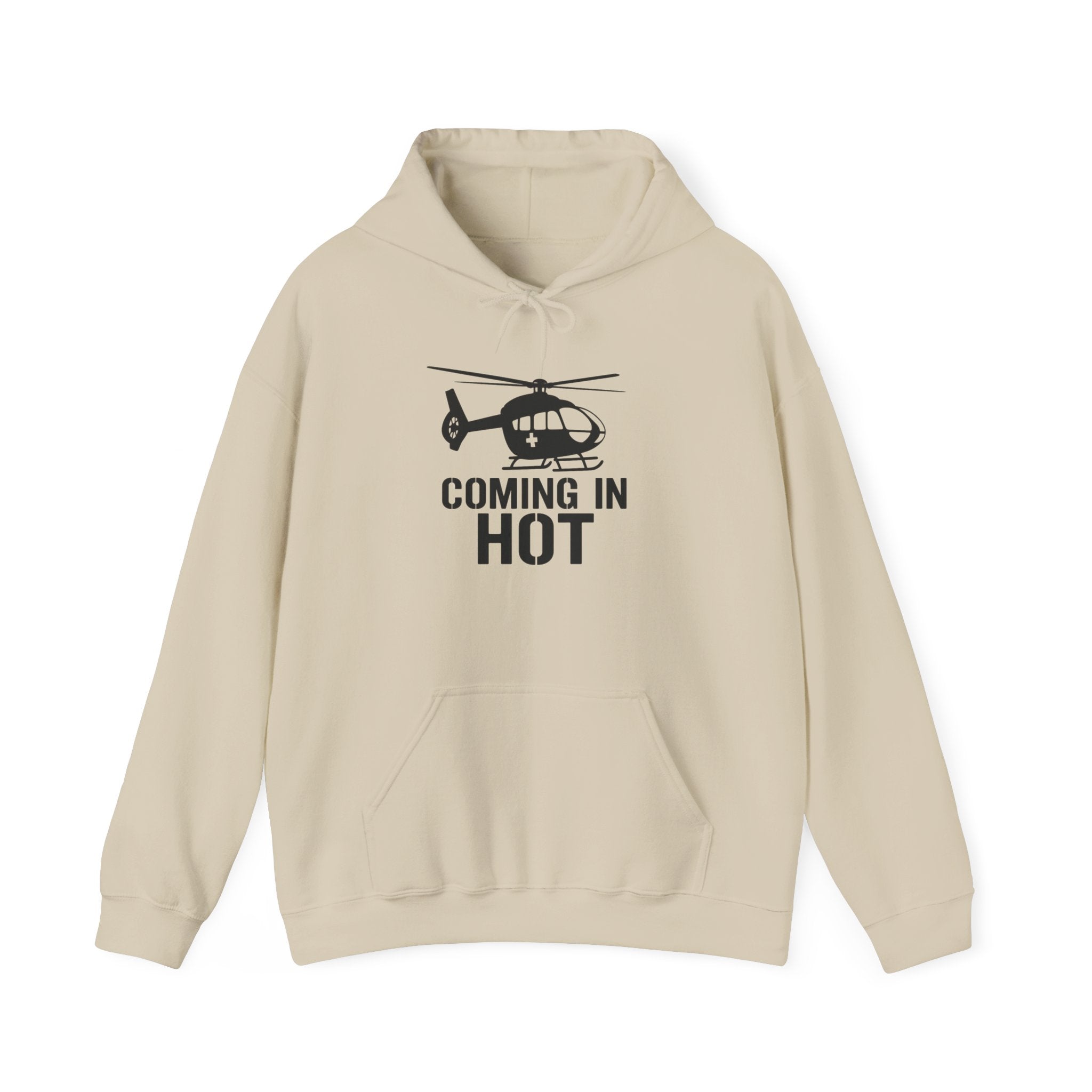 Beige hoodie with helicopter graphic and text 'COMING IN HOT' on a white background
