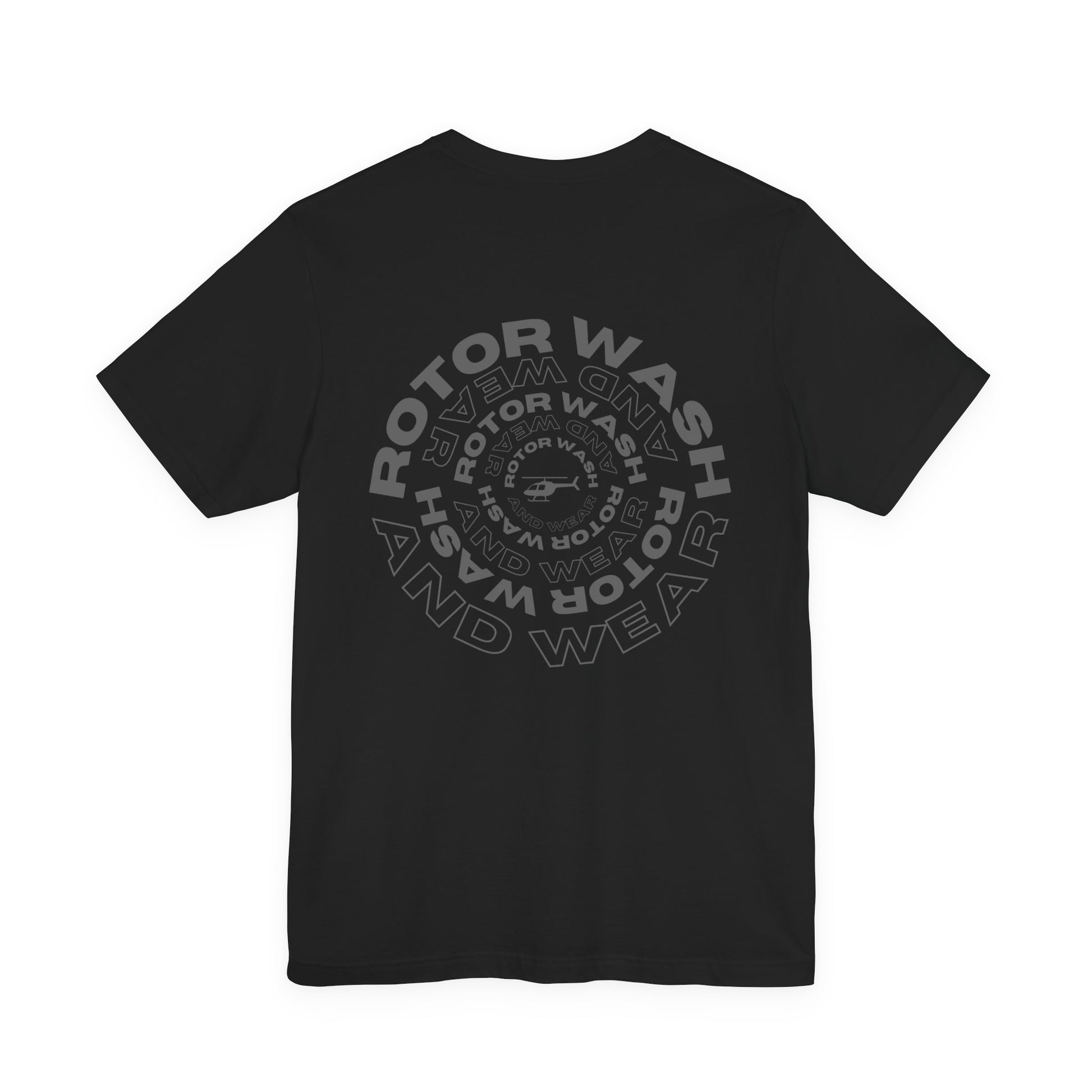 Black t-shirt with 'Rotor Wash and Wear' circular design text design on a white background