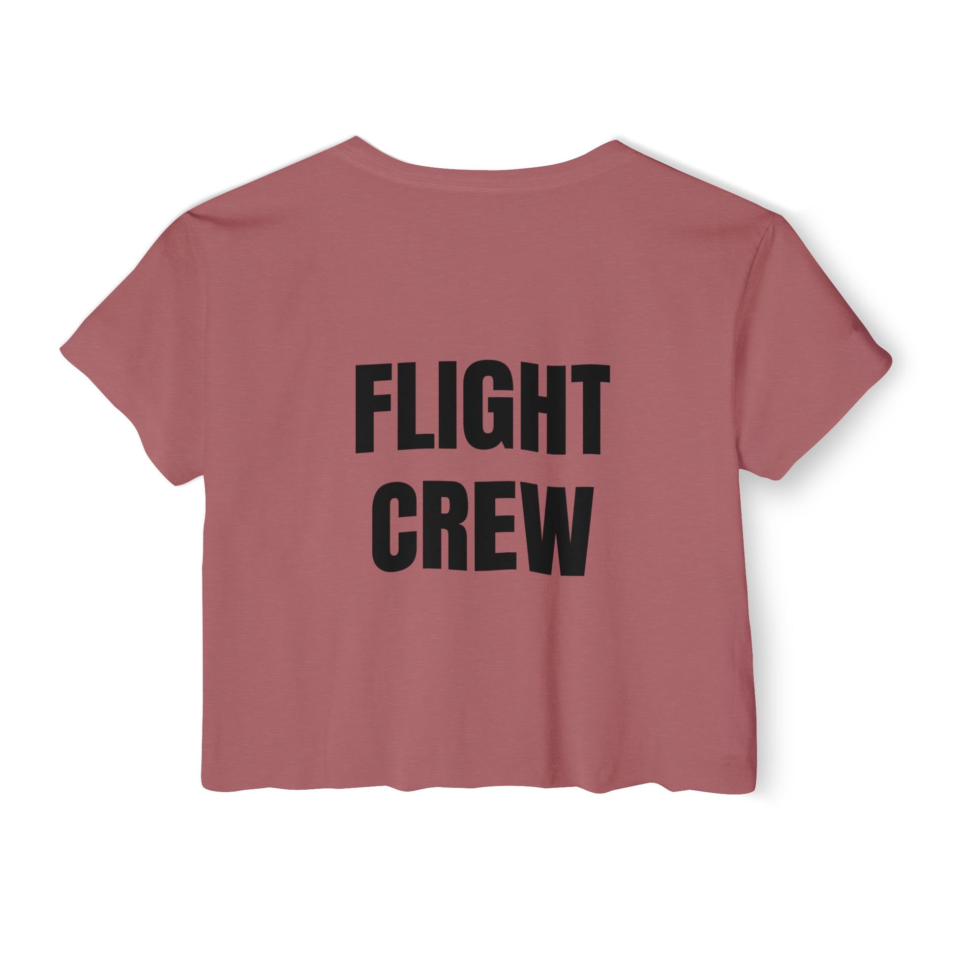 Pink crop top with 'FLIGHT CREW' text on a white background