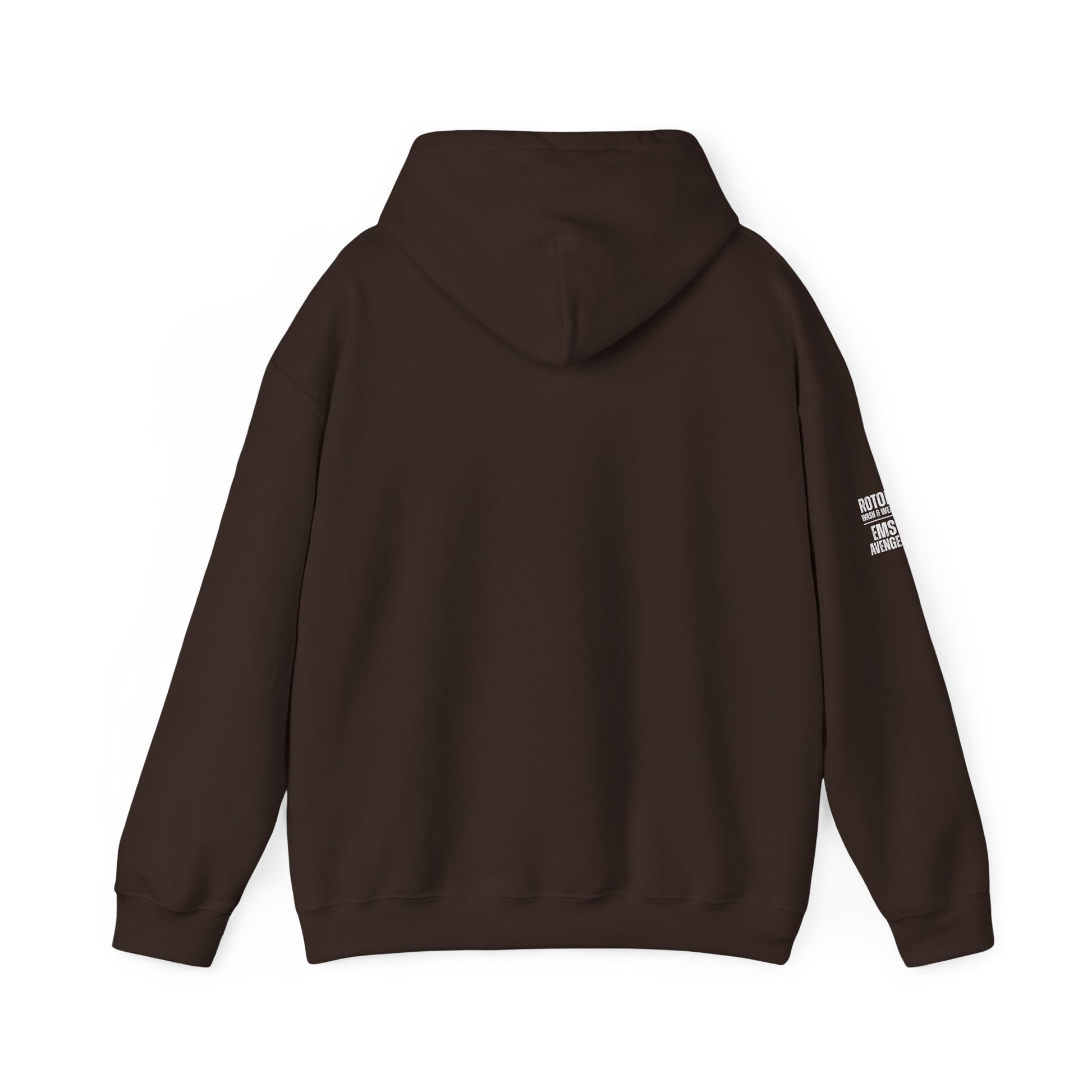 Brown hoodie with a small logo on the sleeve against a white background
