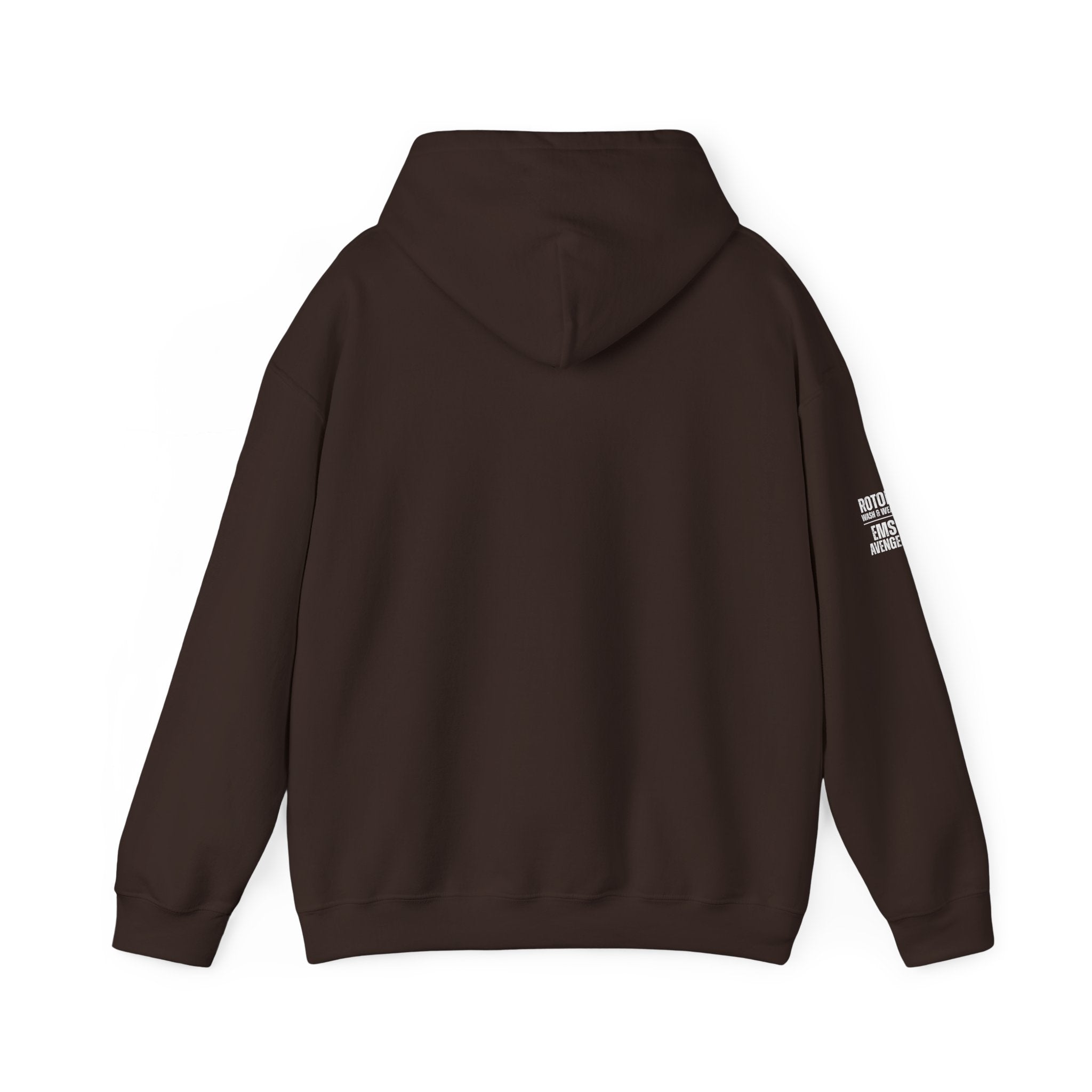Brown hoodie with a small logo on the sleeve against a white background