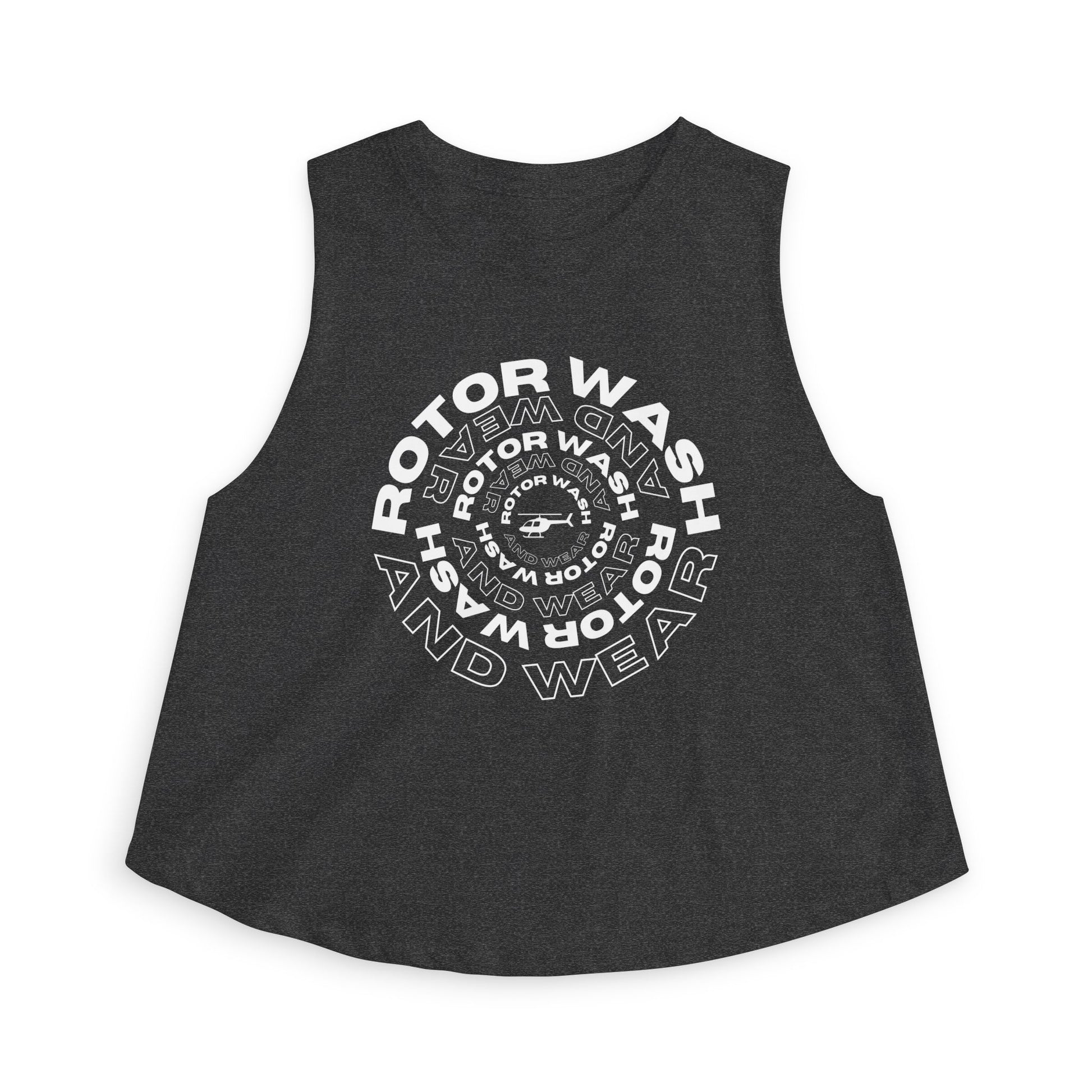 Dark gray tank top with 'Rotor Wash & Wear' circle logo design on a white background