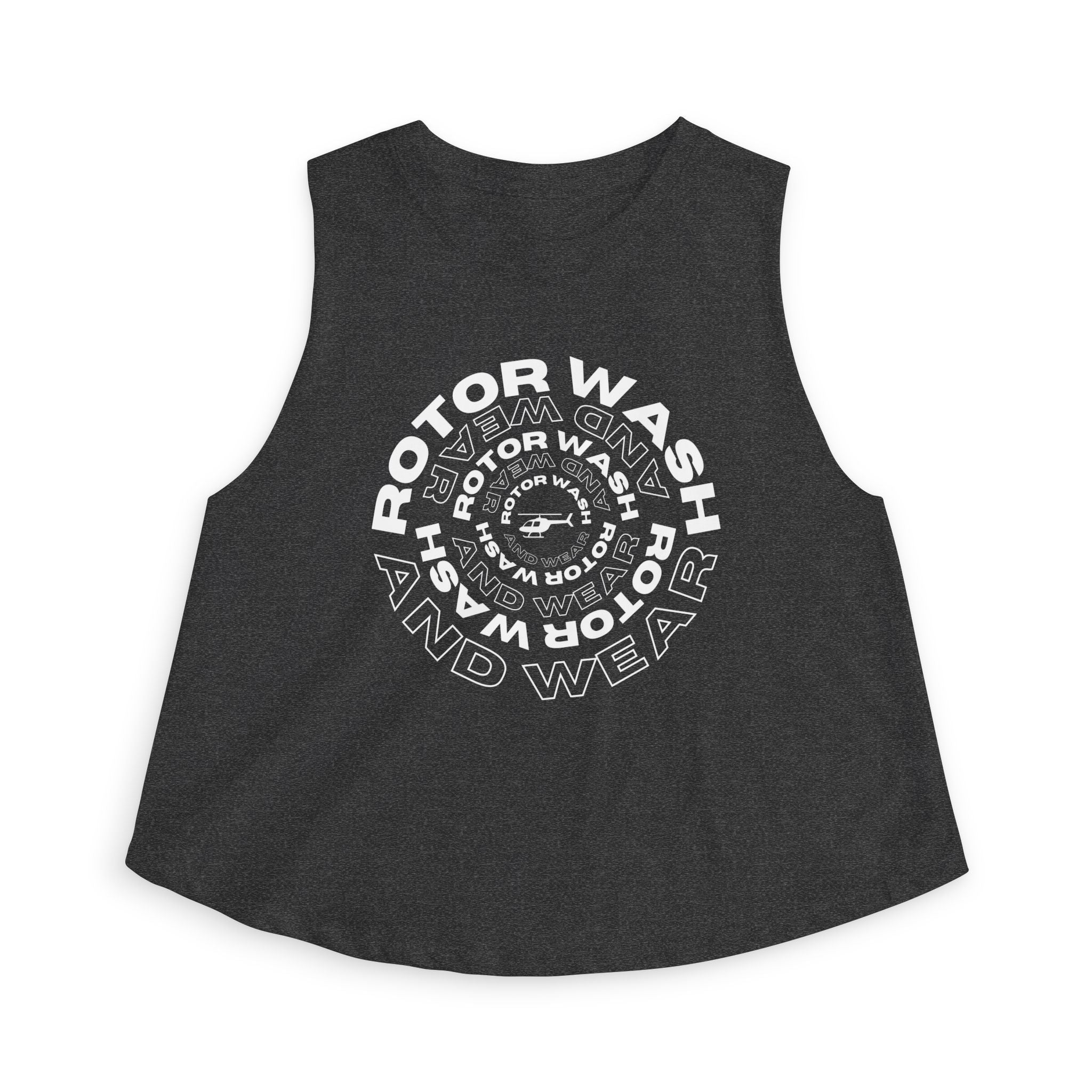 Dark gray tank top with 'Rotor Wash & Wear' circle logo design on a white background