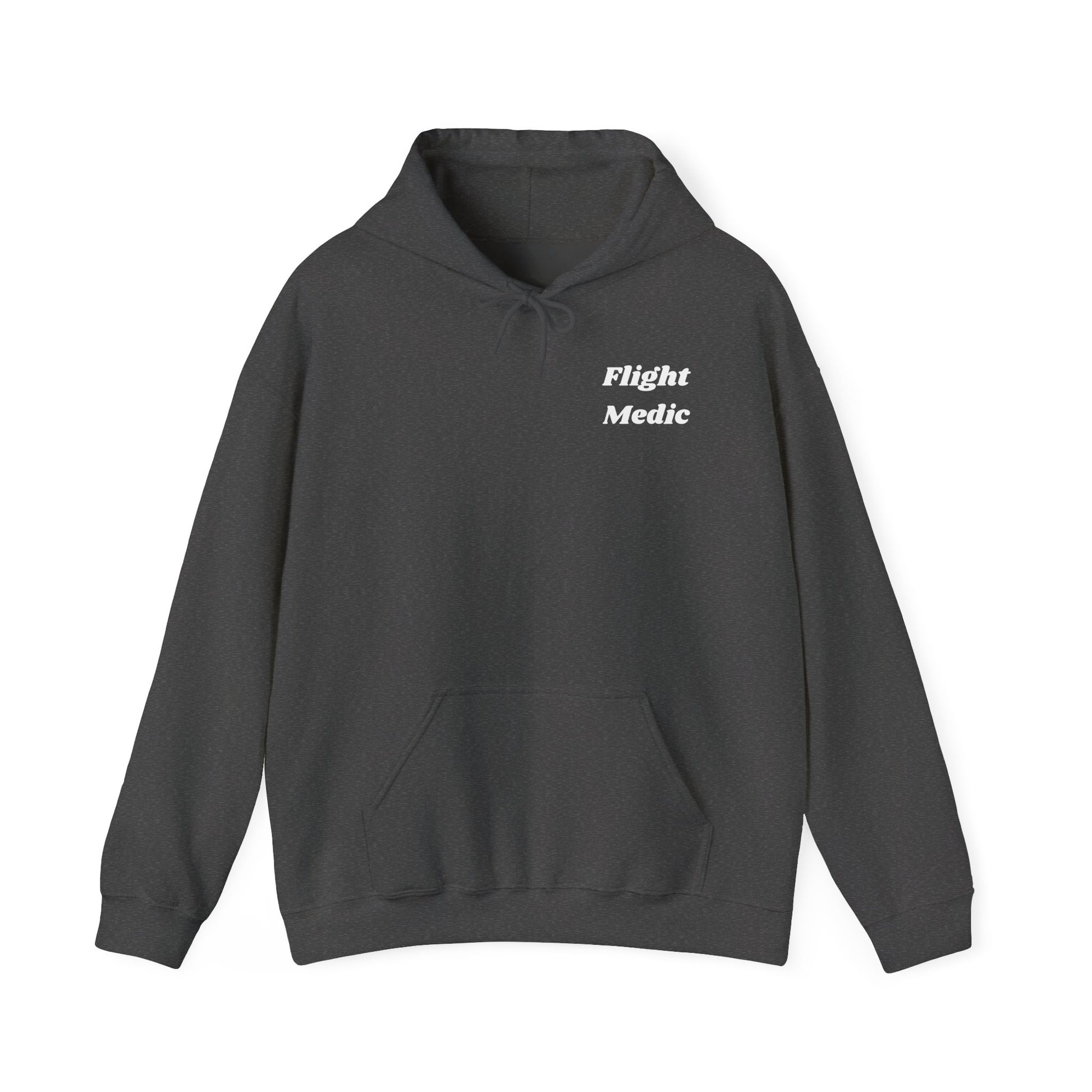 Dark gray hoodie with 'Flight Medic' text on a white background
