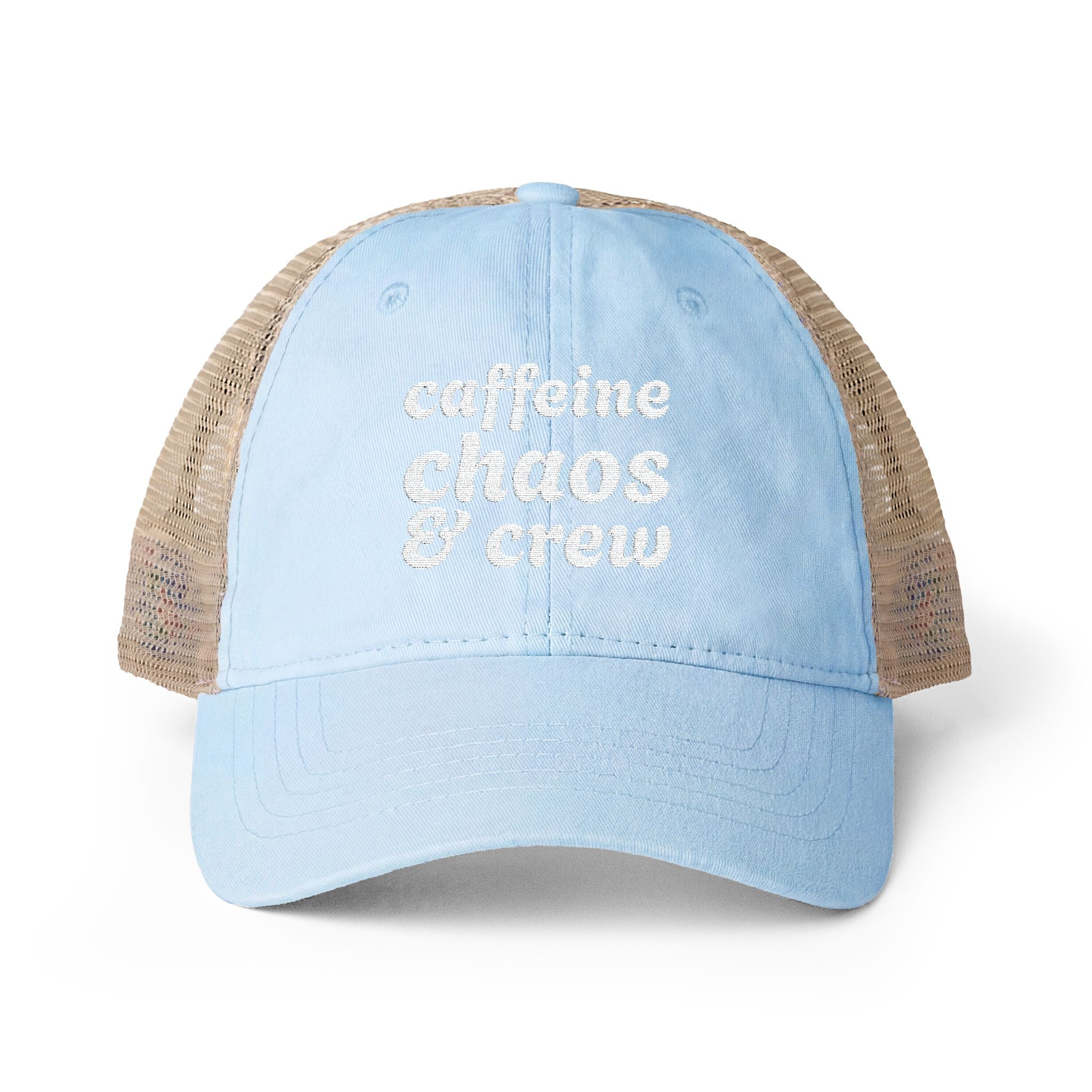 Women's "Caffeine, Chaos & Crew" Embroidered Trucker Hat