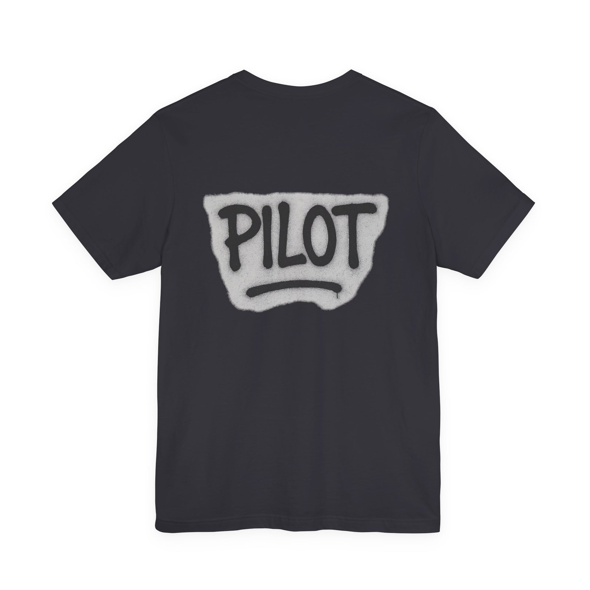 Dark gray t-shirt with graffiti style 'PILOT' text printed on the back against a white background