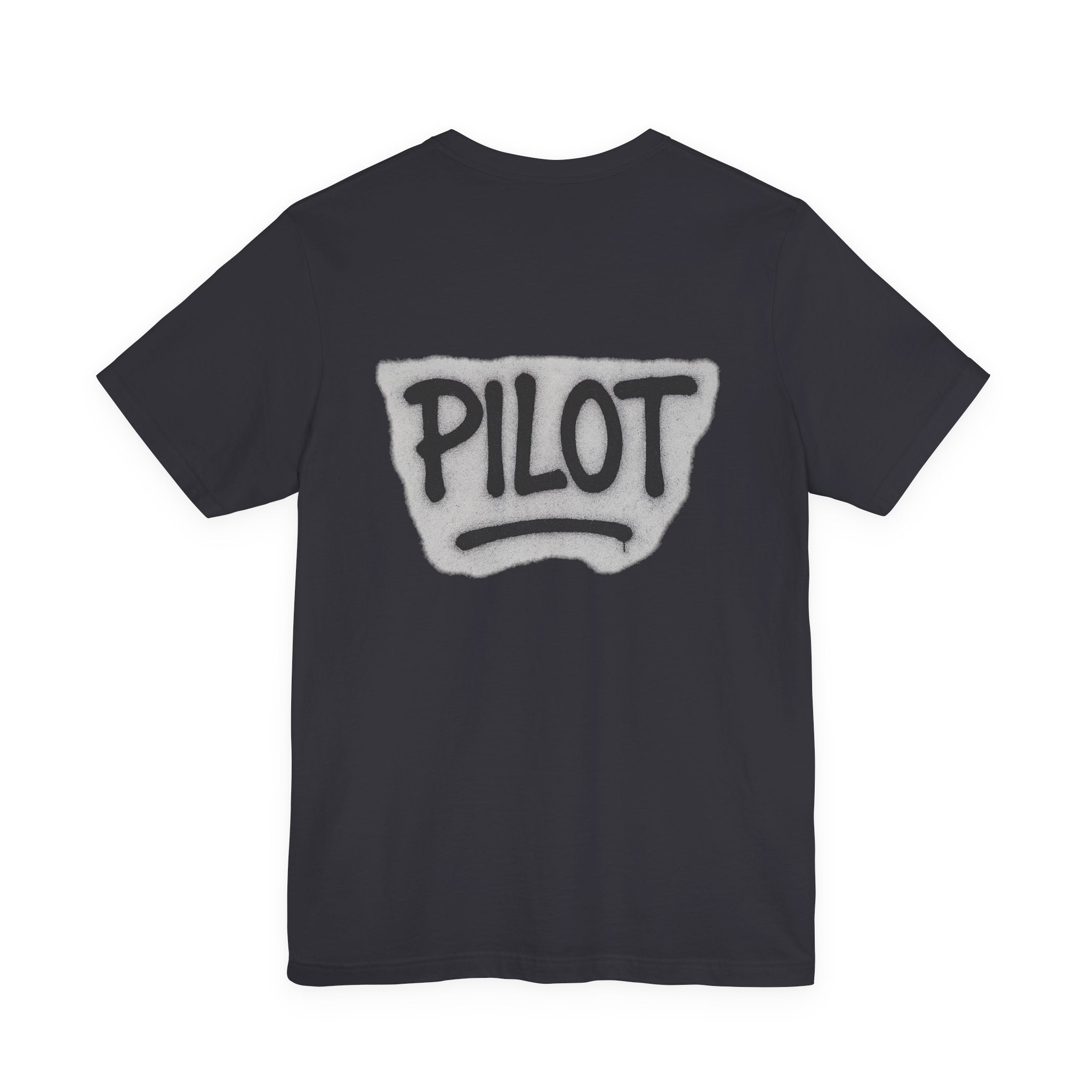 Dark gray t-shirt with graffiti style 'PILOT' text printed on the back against a white background