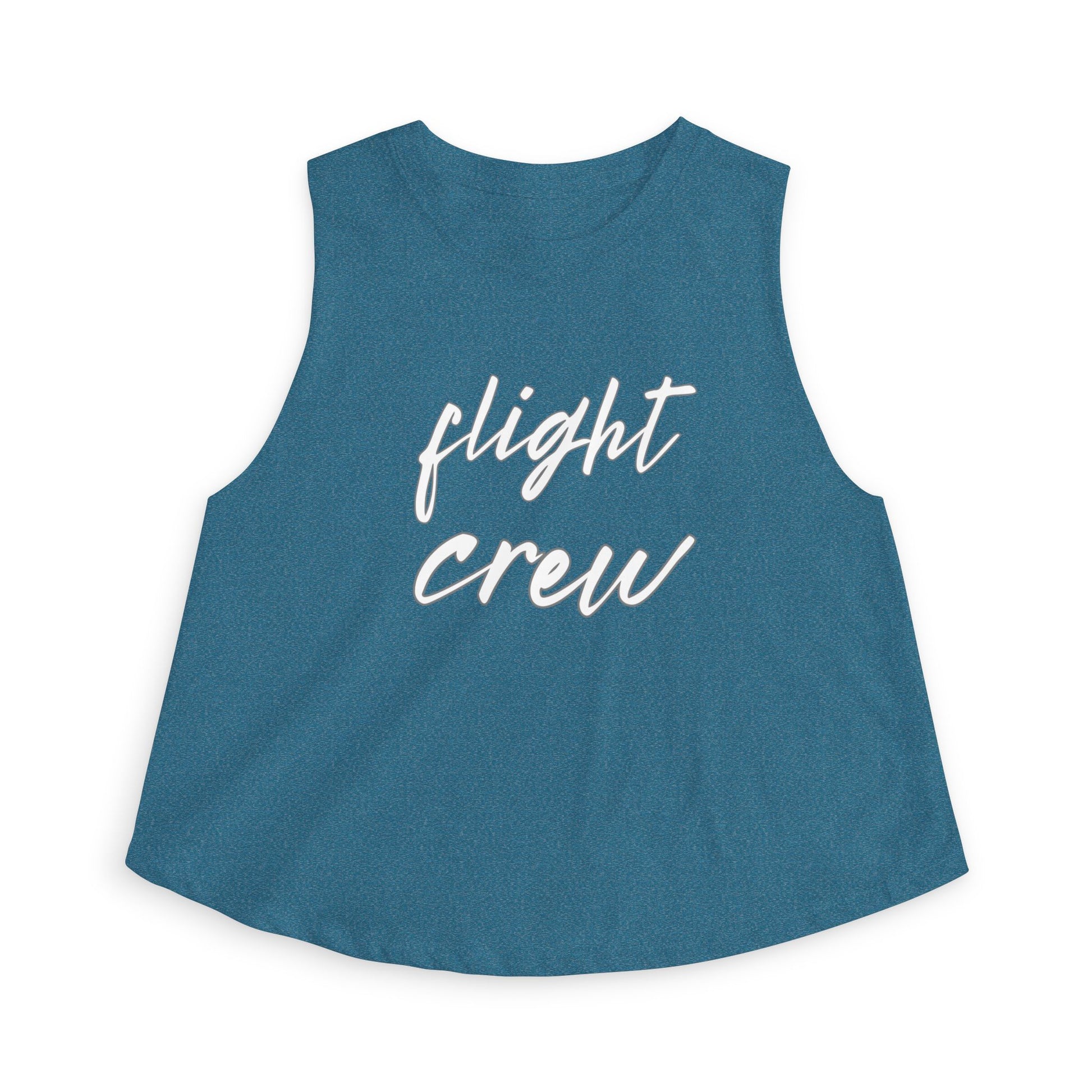 Blue sleeveless top with 'flight crew' text in white by Rotor Wash & Wear