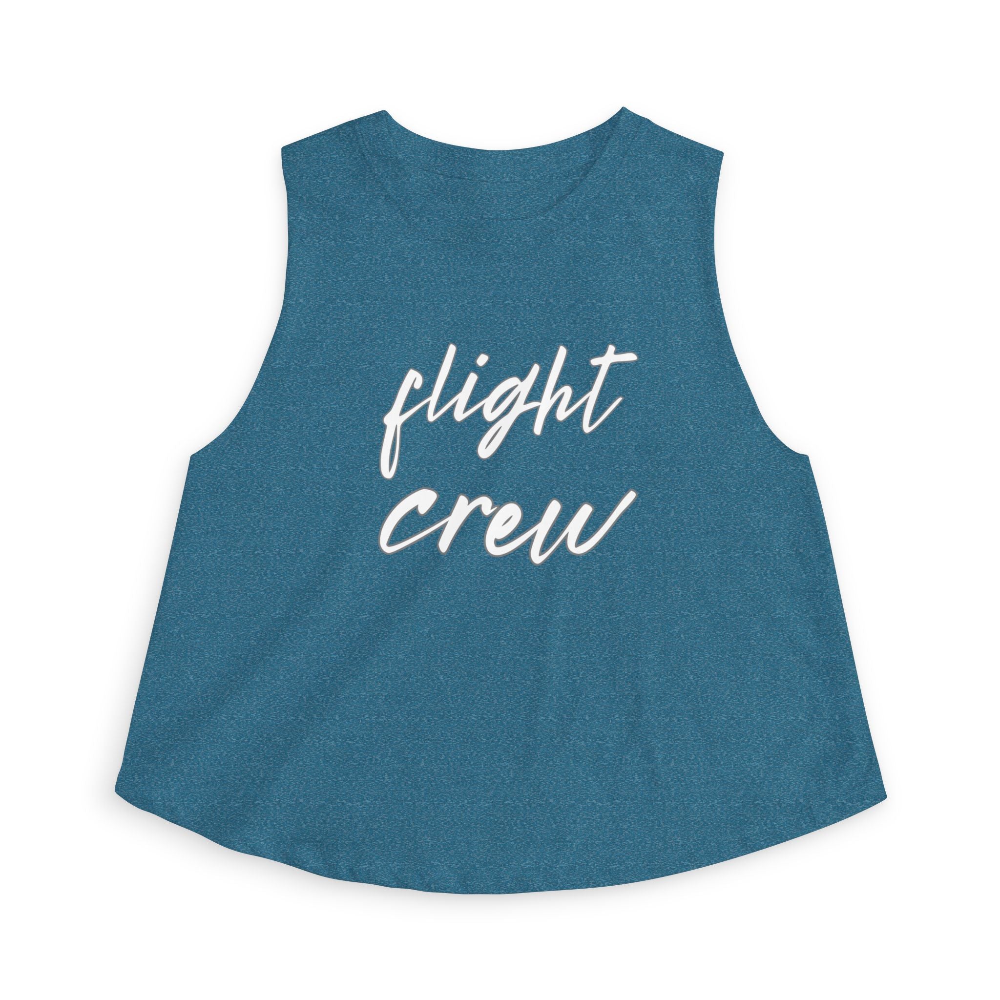 Blue sleeveless top with 'flight crew' text in white by Rotor Wash & Wear