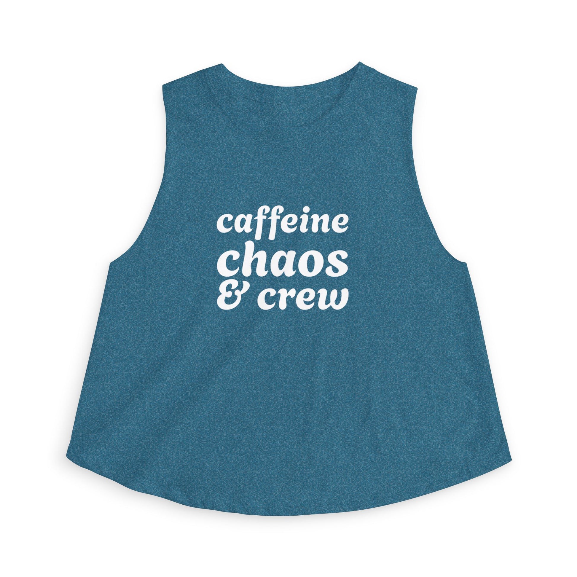Blue sleeveless shirt with 'caffeine chaos & crew' text by Rotor Wash & Wear