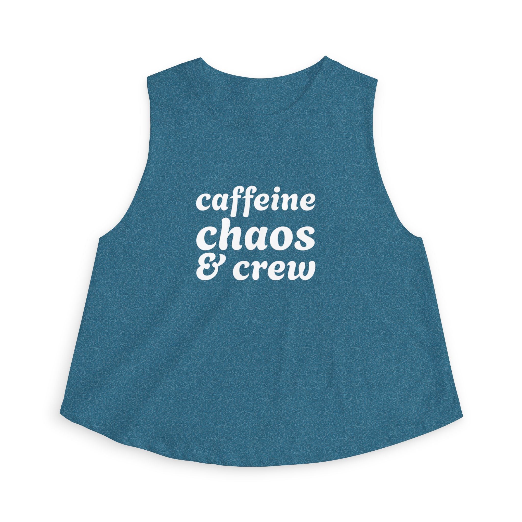 Blue sleeveless shirt with 'caffeine chaos & crew' text by Rotor Wash & Wear