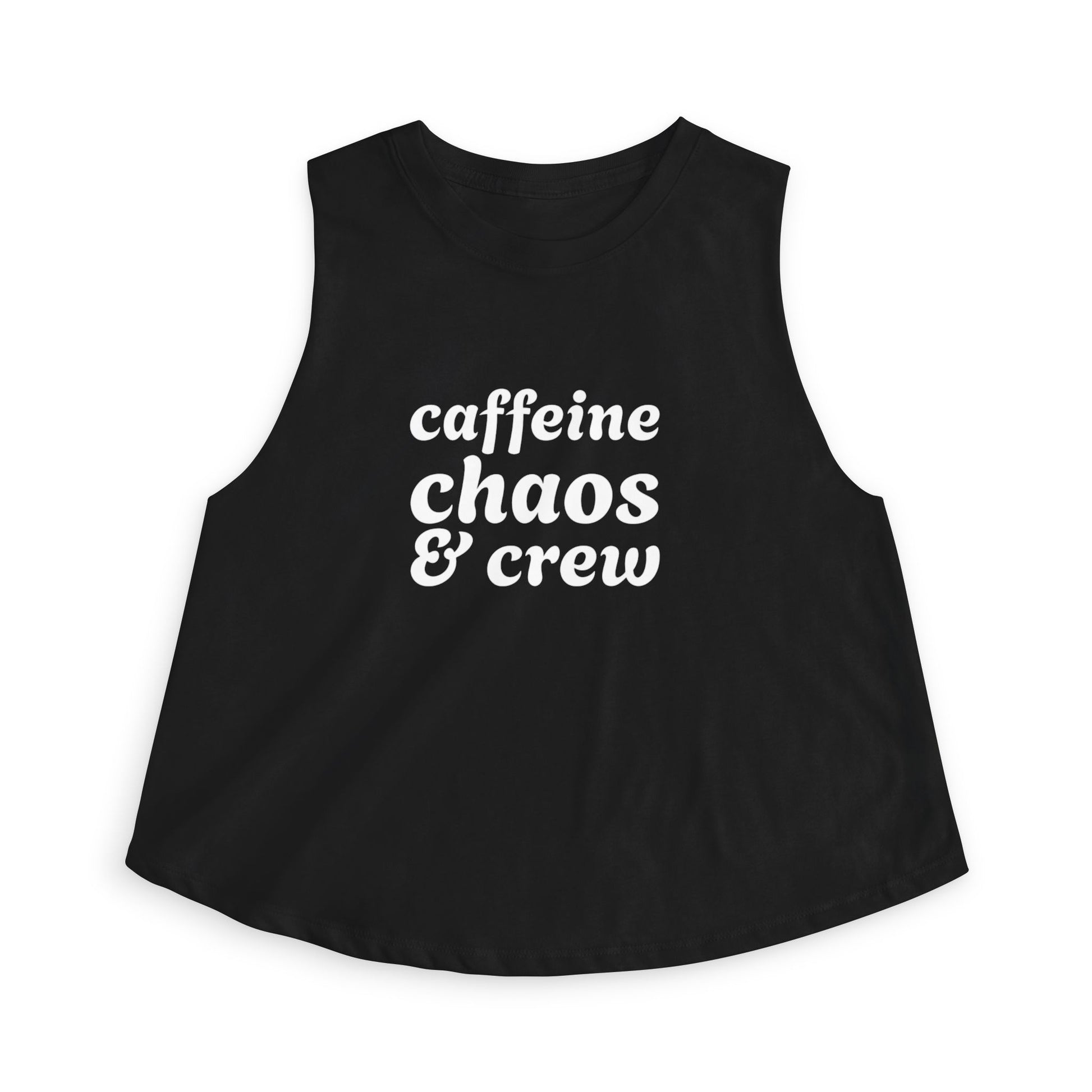 Black sleeveless shirt with 'caffeine chaos & crew' text by Rotor Wash & Wear
