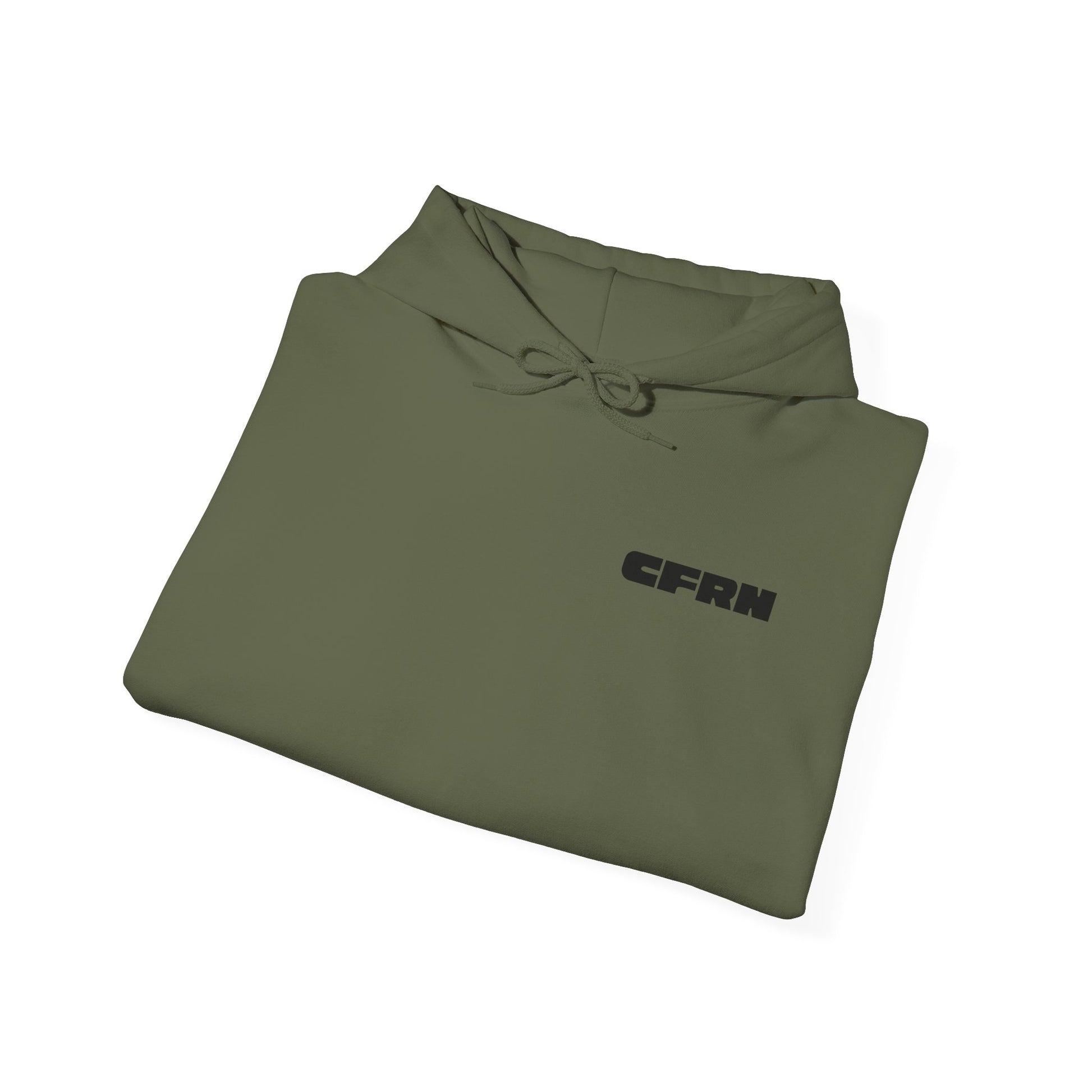 Folded green hoodie with 'CFRN' logo on a white background
